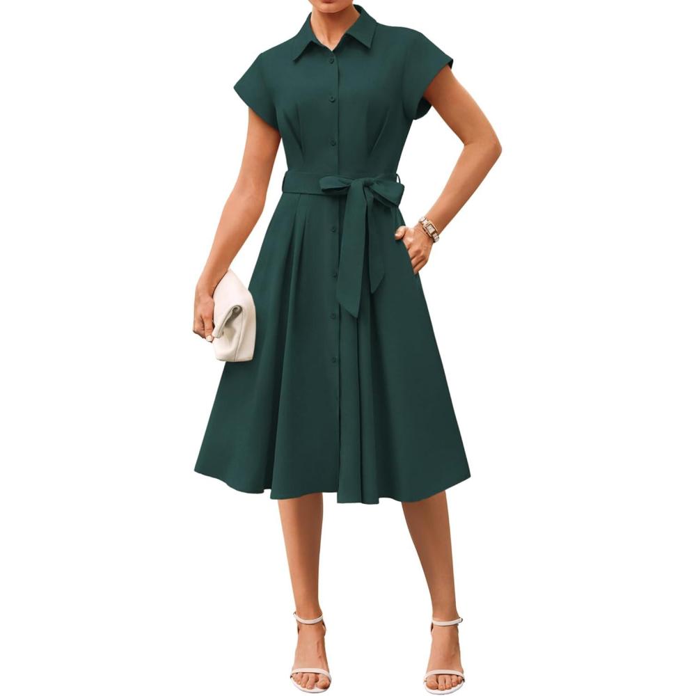 imageGRACE KARIN Womens Short Sleeve Shirt Dresses 2026 Summer Midi Button Down Dress Work Business Casual Dress with PocketsDark Green
