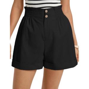 GRACE KARIN Linen Shorts for Women Summer Beach Vacation A-line Wide Leg High Waist Shorts Comfy Lounge with Pockets(Black)