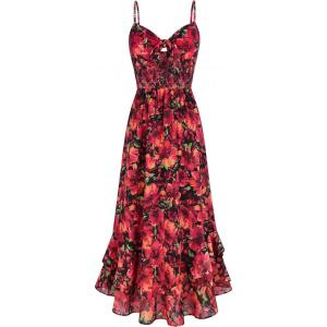 GRACE KARIN Womens Maxi Floral Sundresses Summer Beach Boho Dress Spaghetti Strap Dresses Casual Fashion Clothes with Pockets(Black and Red Floral)