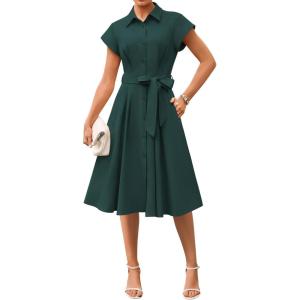 GRACE KARIN Womens Short Sleeve Shirt Dresses 2026 Summer Midi Button Down Dress Work Business Casual Dress with Pockets(Dark Green)