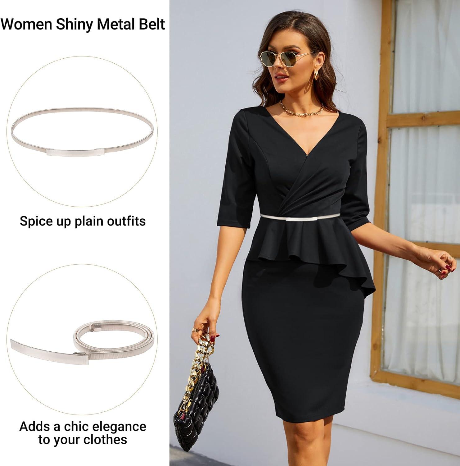 imageGRACE KARIN Women Skinny Metal Cinch Belt Gold Waistband Elastic Waist Belt CL633Silver