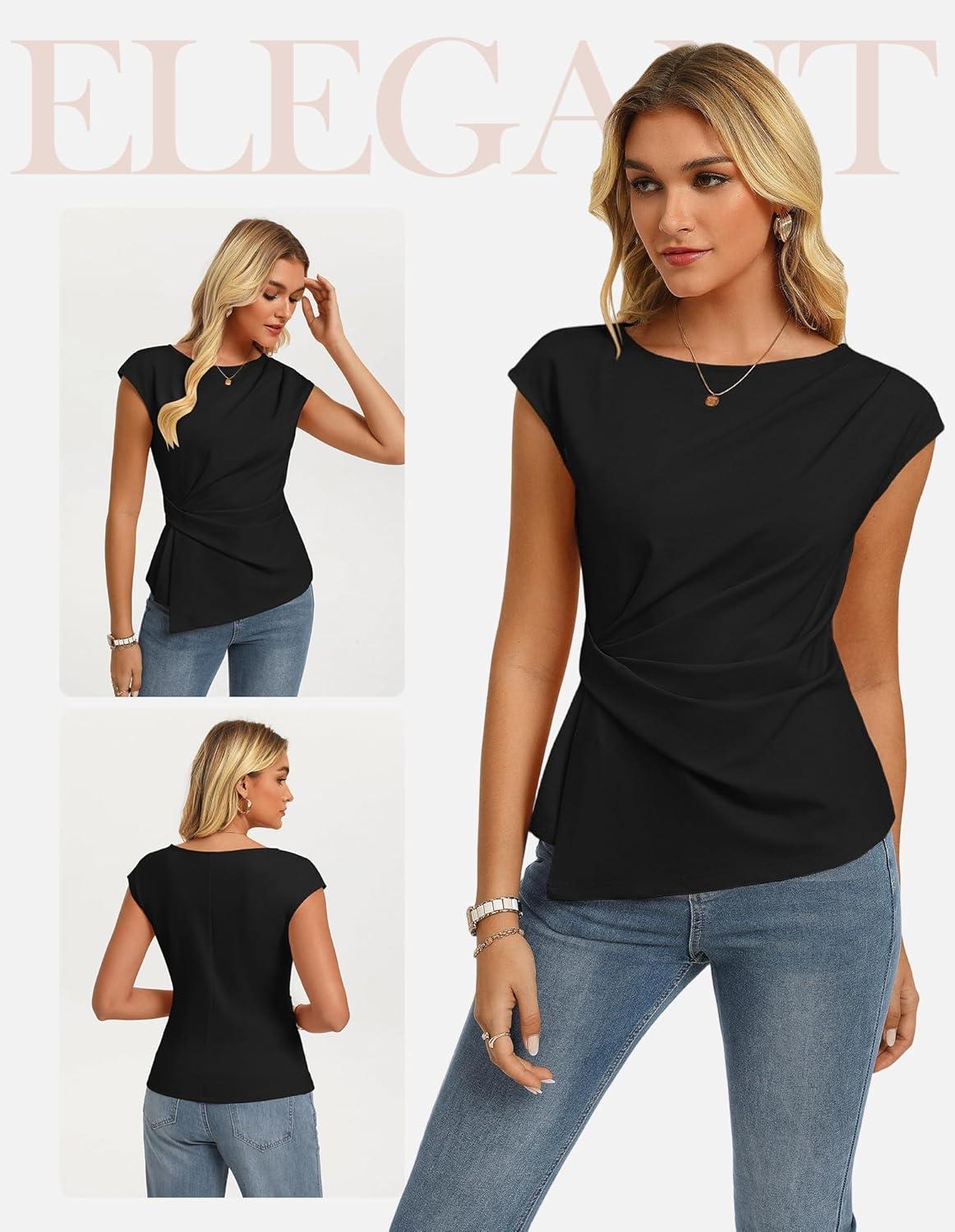 imageGRACE KARIN Womens 2026 Spring Short Sleeve Tops Dressy Casual Peplum Shirts Outfit Tunic Blouses Trendy Fashion ClothesBlack