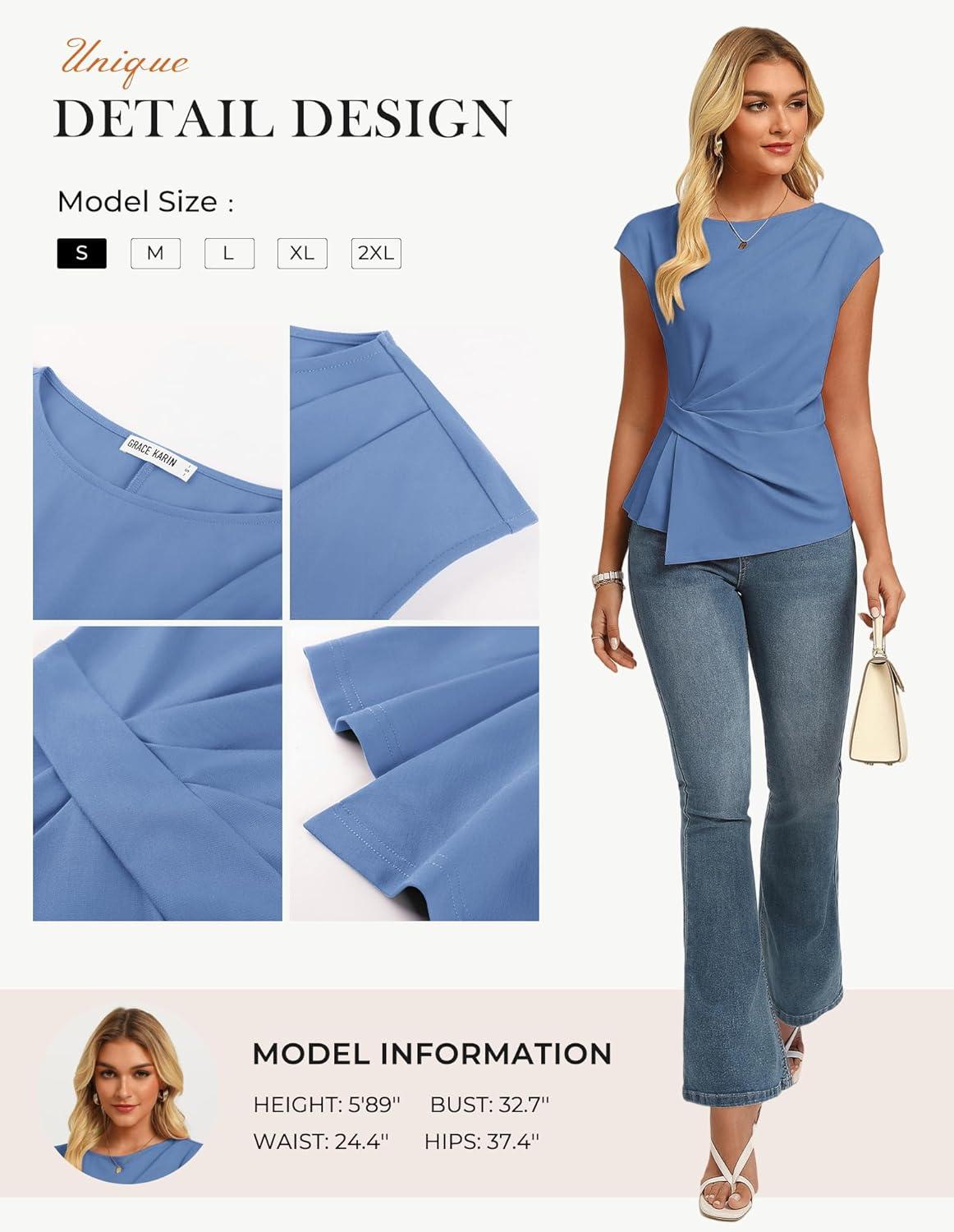 imageGRACE KARIN Womens 2026 Spring Short Sleeve Tops Dressy Casual Peplum Shirts Outfit Tunic Blouses Trendy Fashion ClothesBlue