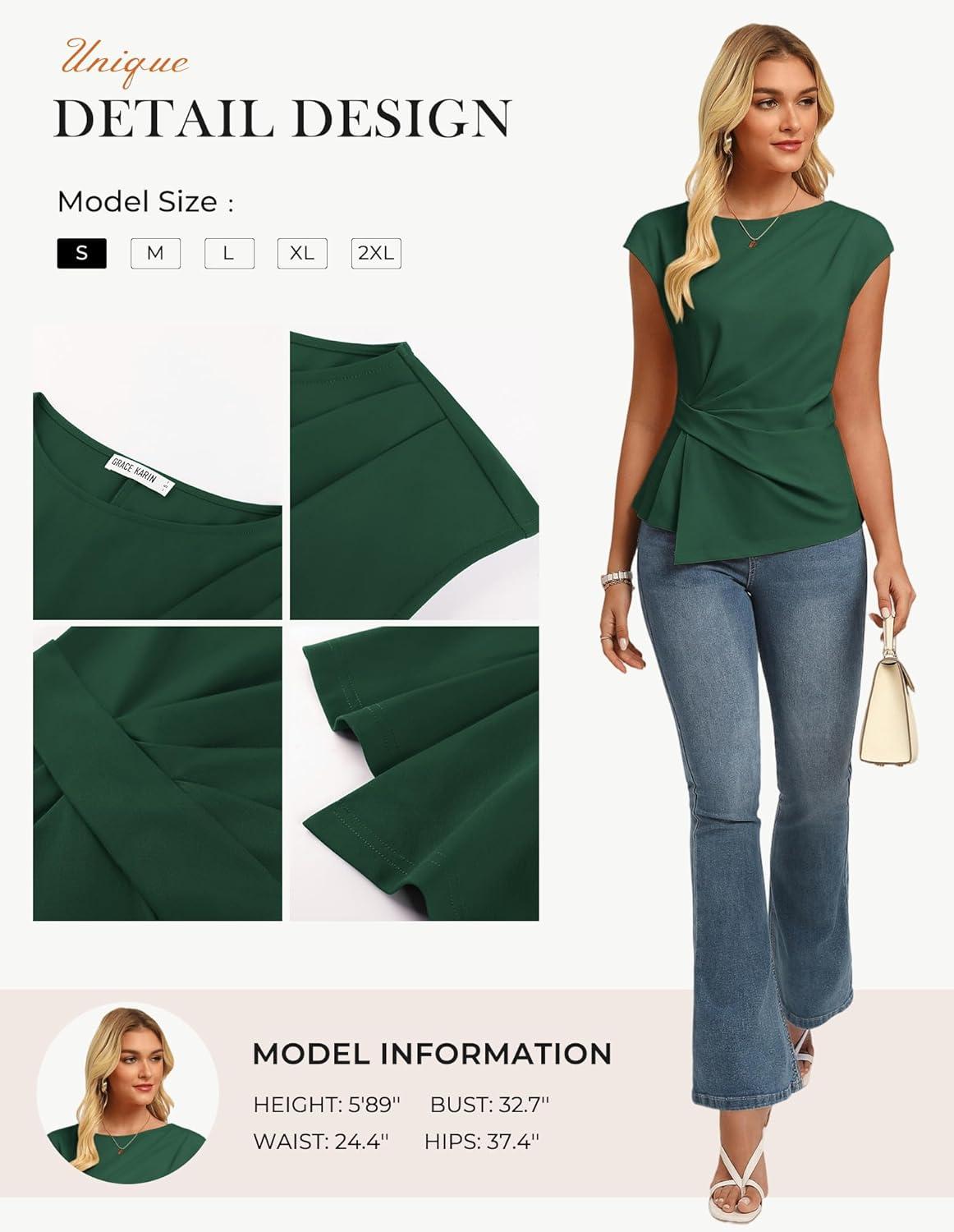 imageGRACE KARIN Womens 2026 Spring Short Sleeve Tops Dressy Casual Peplum Shirts Outfit Tunic Blouses Trendy Fashion ClothesDark Green