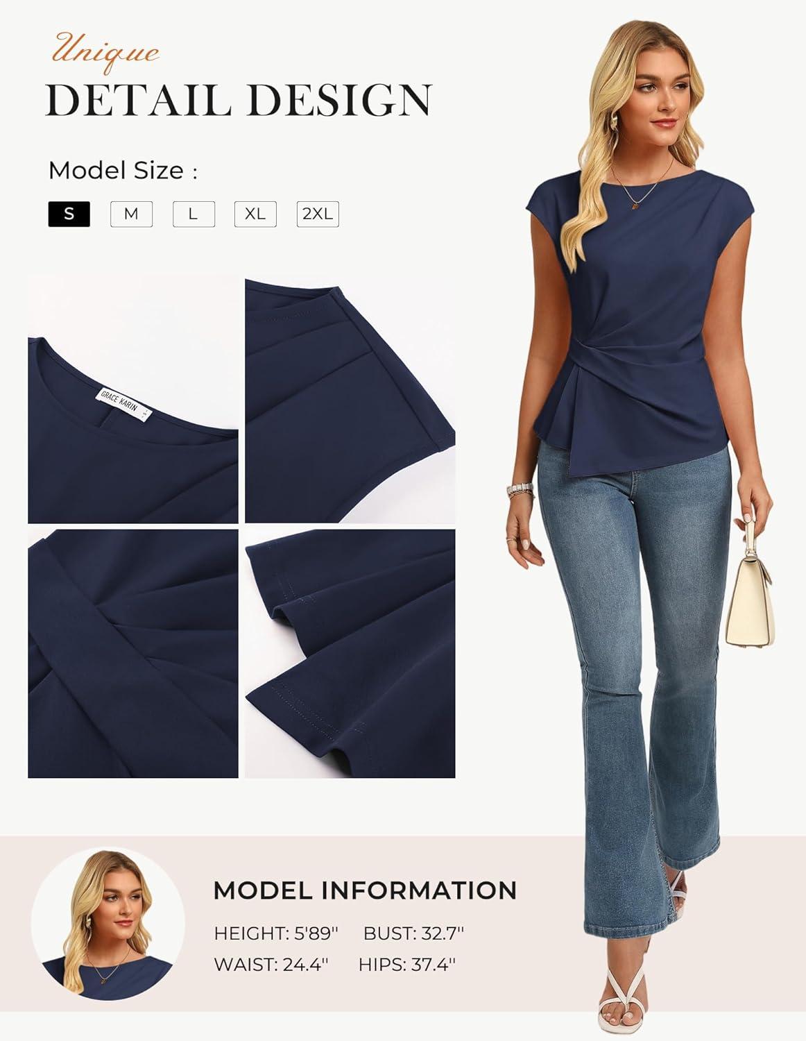 imageGRACE KARIN Womens 2026 Spring Short Sleeve Tops Dressy Casual Peplum Shirts Outfit Tunic Blouses Trendy Fashion ClothesNavy Blue