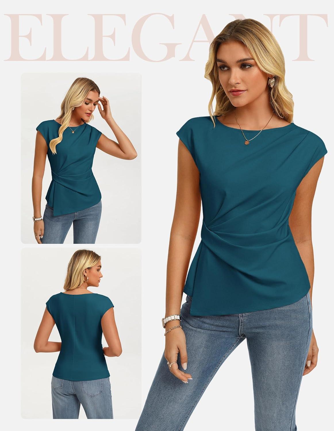 imageGRACE KARIN Womens 2026 Spring Short Sleeve Tops Dressy Casual Peplum Shirts Outfit Tunic Blouses Trendy Fashion ClothesPeacock Blue