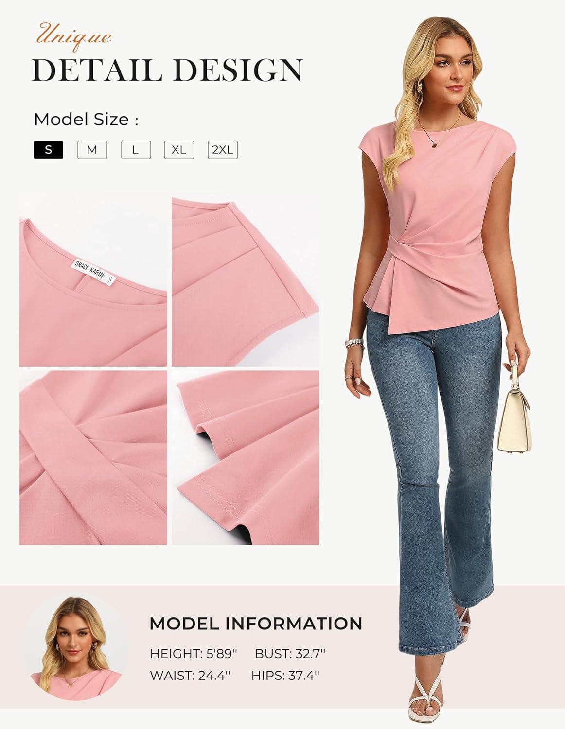imageGRACE KARIN Womens 2026 Spring Short Sleeve Tops Dressy Casual Peplum Shirts Outfit Tunic Blouses Trendy Fashion ClothesPink