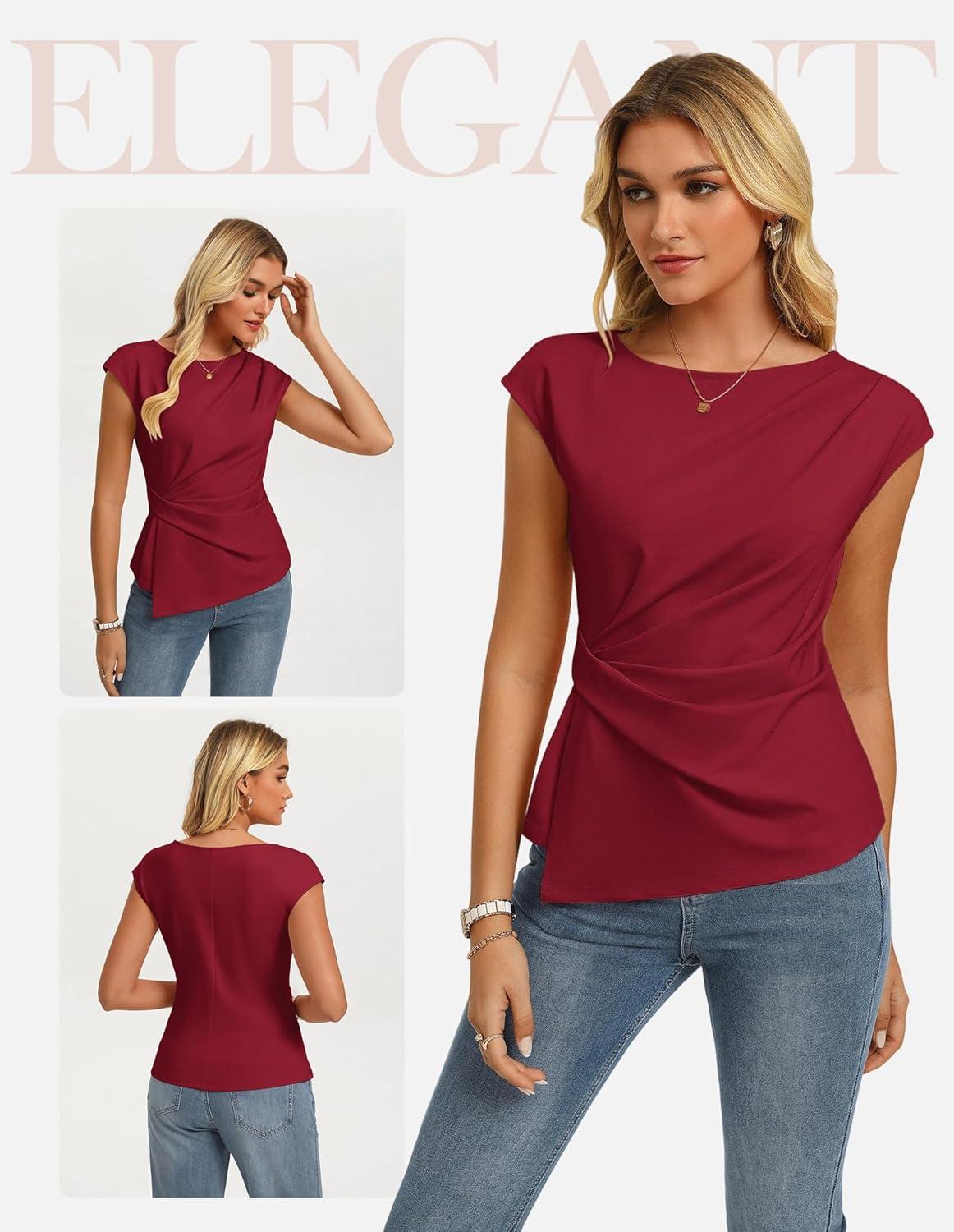 imageGRACE KARIN Womens 2026 Spring Short Sleeve Tops Dressy Casual Peplum Shirts Outfit Tunic Blouses Trendy Fashion ClothesWine Red