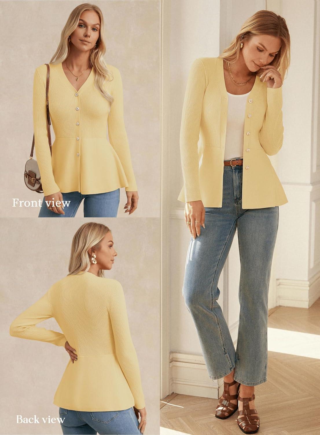 imageGRACE KARIN Long Sleeve Cardigan Sweaters for Women Button Up Knit Blazer Lightweight Business Casual Peplum TopsButter Yellow