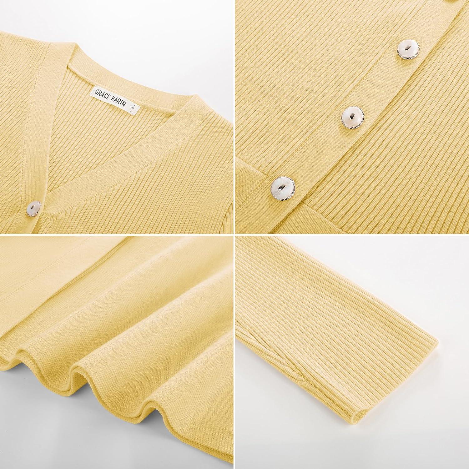 imageGRACE KARIN Long Sleeve Cardigan Sweaters for Women Button Up Knit Blazer Lightweight Business Casual Peplum TopsButter Yellow