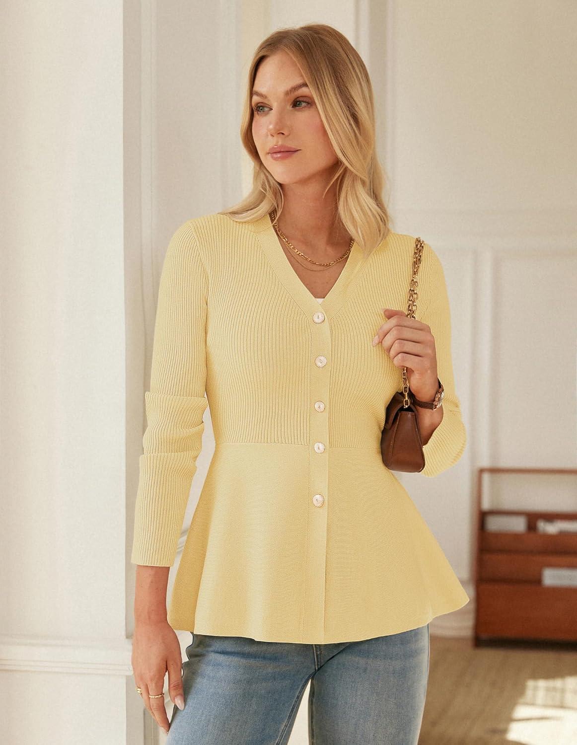 imageGRACE KARIN Long Sleeve Cardigan Sweaters for Women Button Up Knit Blazer Lightweight Business Casual Peplum TopsButter Yellow