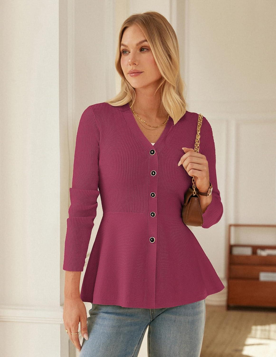 imageGRACE KARIN Long Sleeve Cardigan Sweaters for Women Button Up Knit Blazer Lightweight Business Casual Peplum TopsDark Rose Red