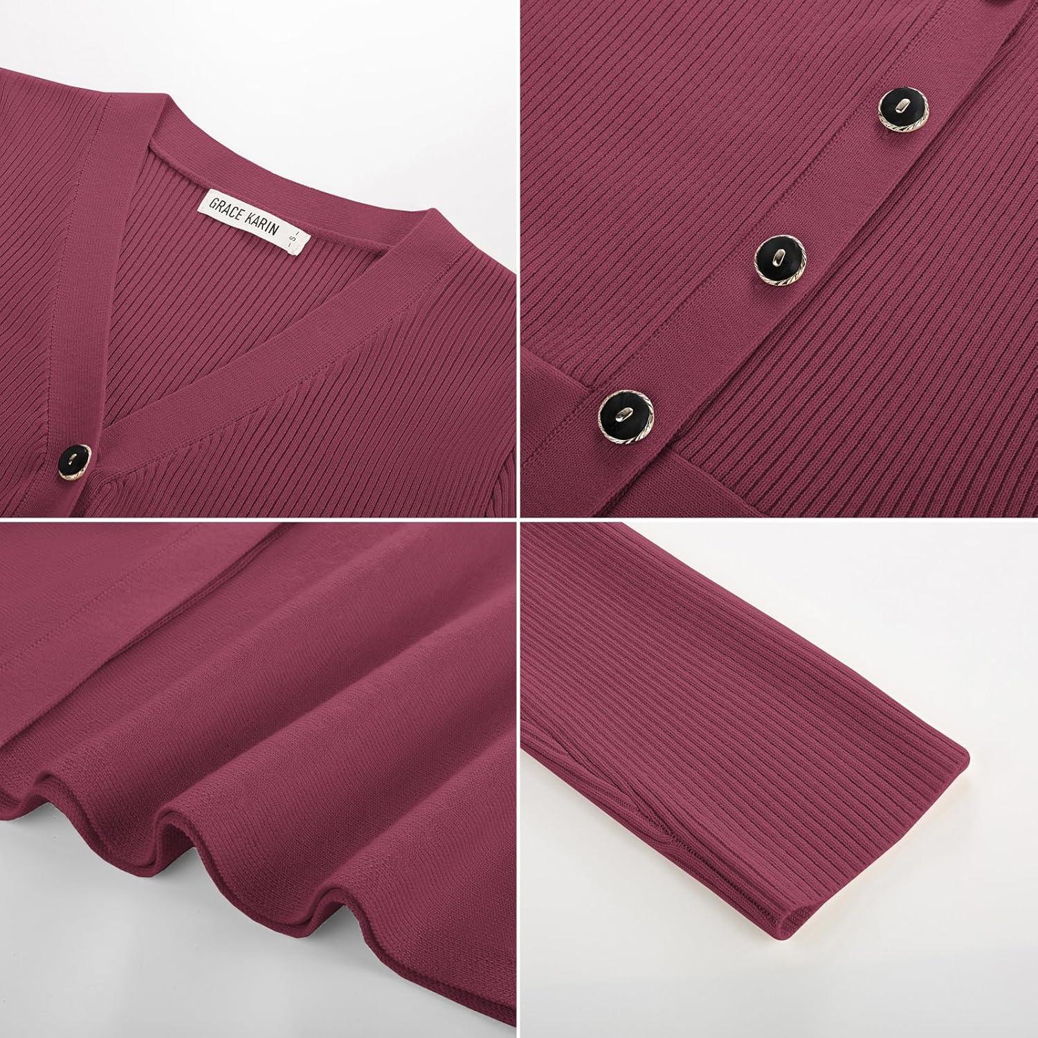 imageGRACE KARIN Long Sleeve Cardigan Sweaters for Women Button Up Knit Blazer Lightweight Business Casual Peplum TopsDark Rose Red