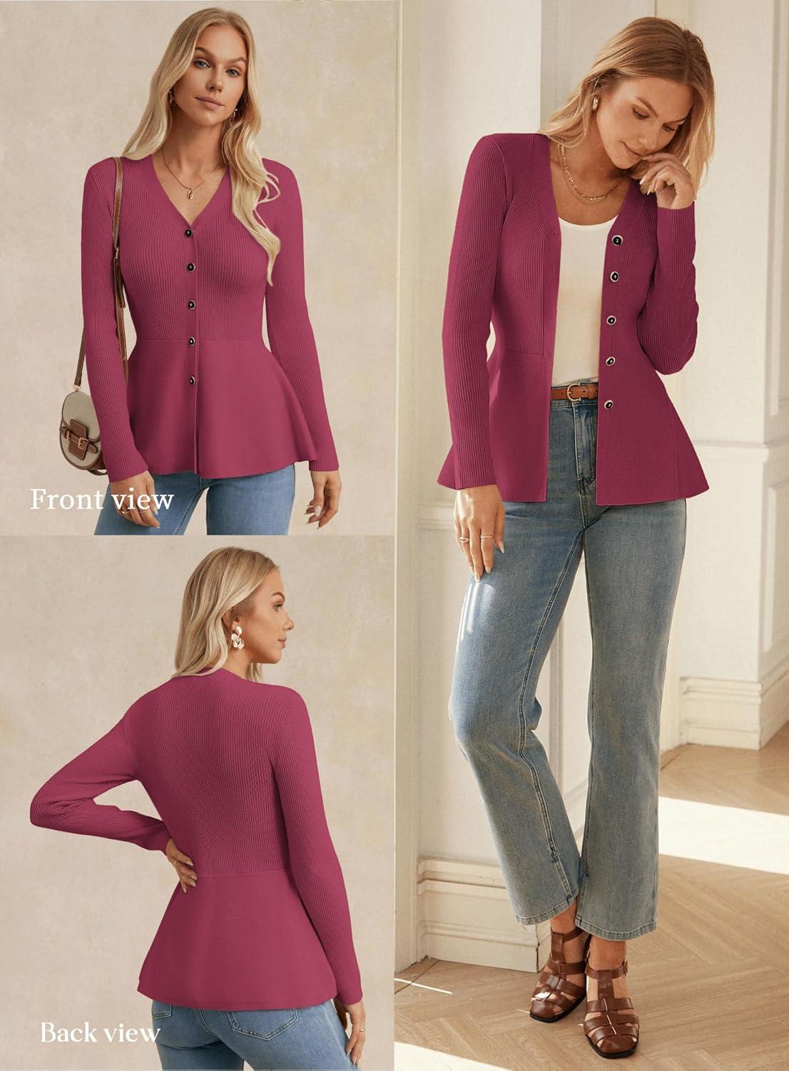 imageGRACE KARIN Long Sleeve Cardigan Sweaters for Women Button Up Knit Blazer Lightweight Business Casual Peplum TopsDark Rose Red