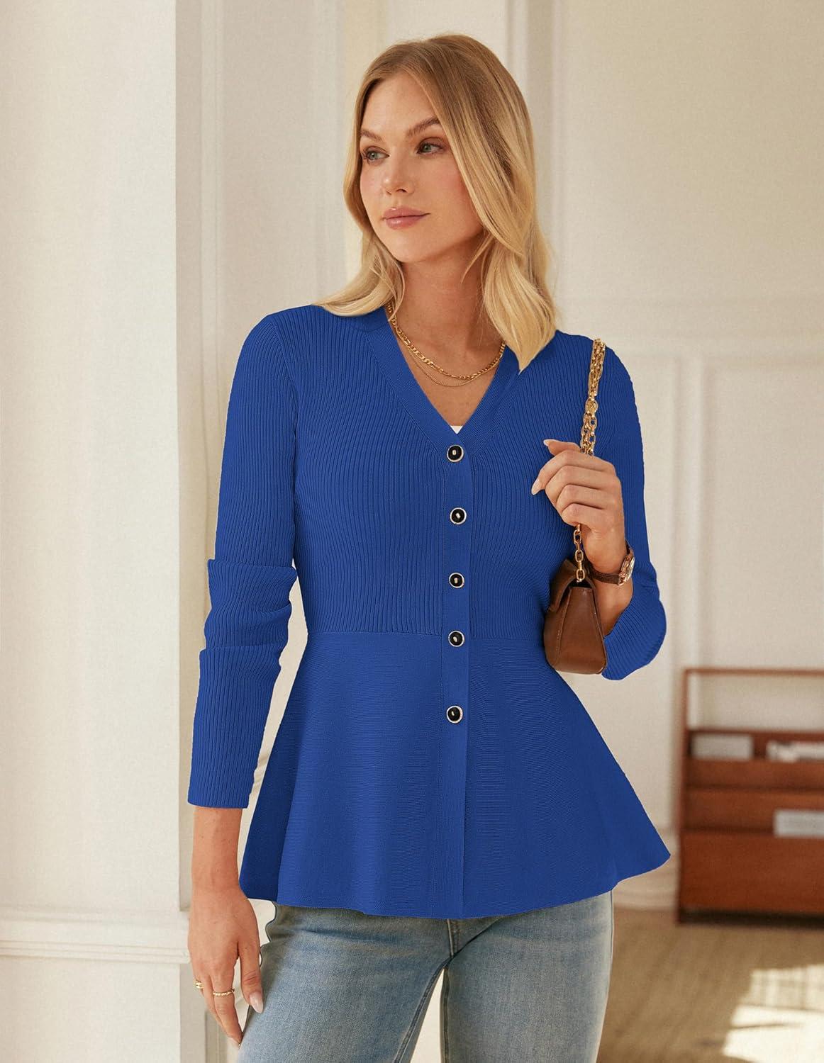 imageGRACE KARIN Long Sleeve Cardigan Sweaters for Women Button Up Knit Blazer Lightweight Business Casual Peplum TopsRoyal Blue