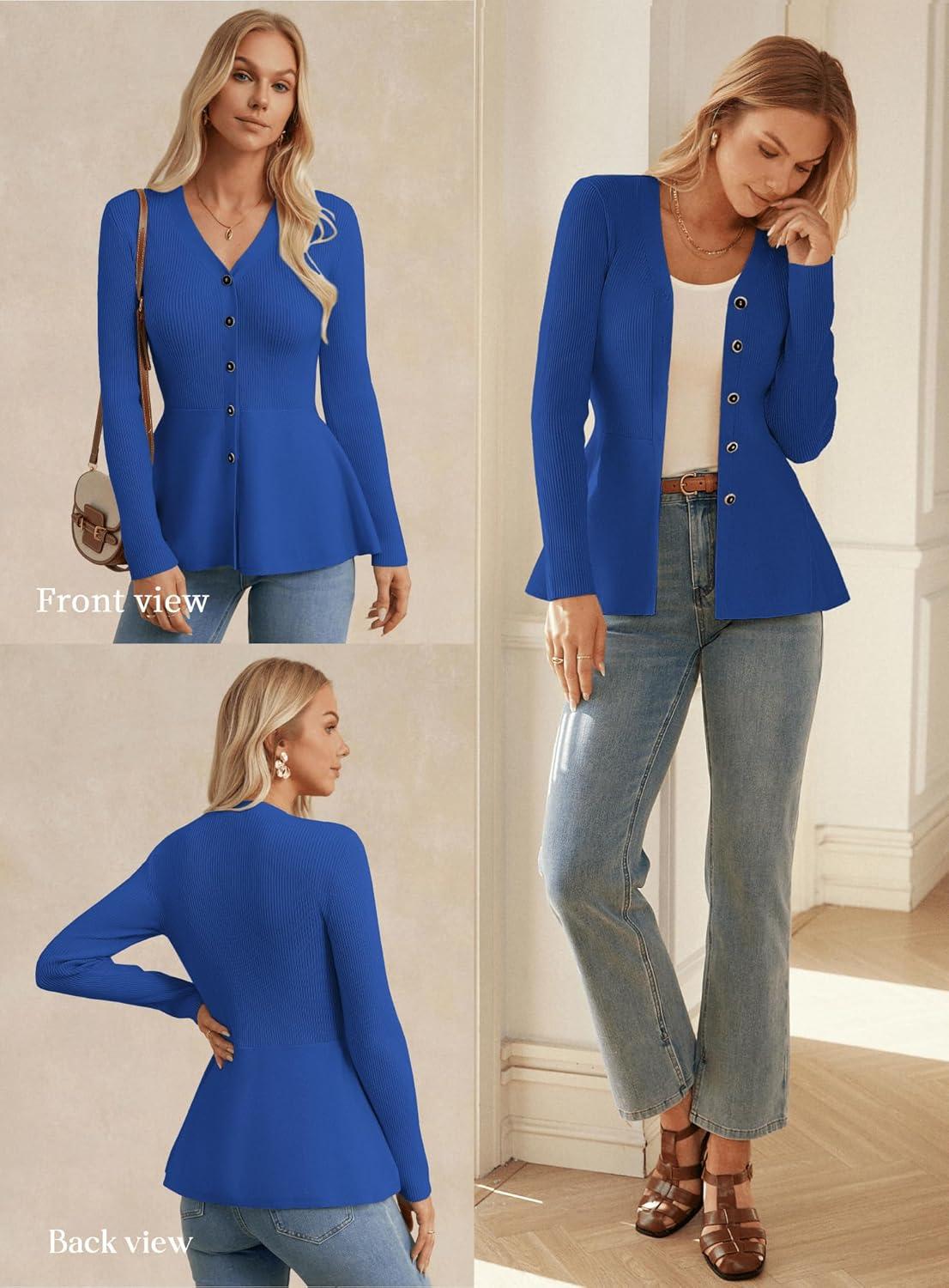 imageGRACE KARIN Long Sleeve Cardigan Sweaters for Women Button Up Knit Blazer Lightweight Business Casual Peplum TopsRoyal Blue