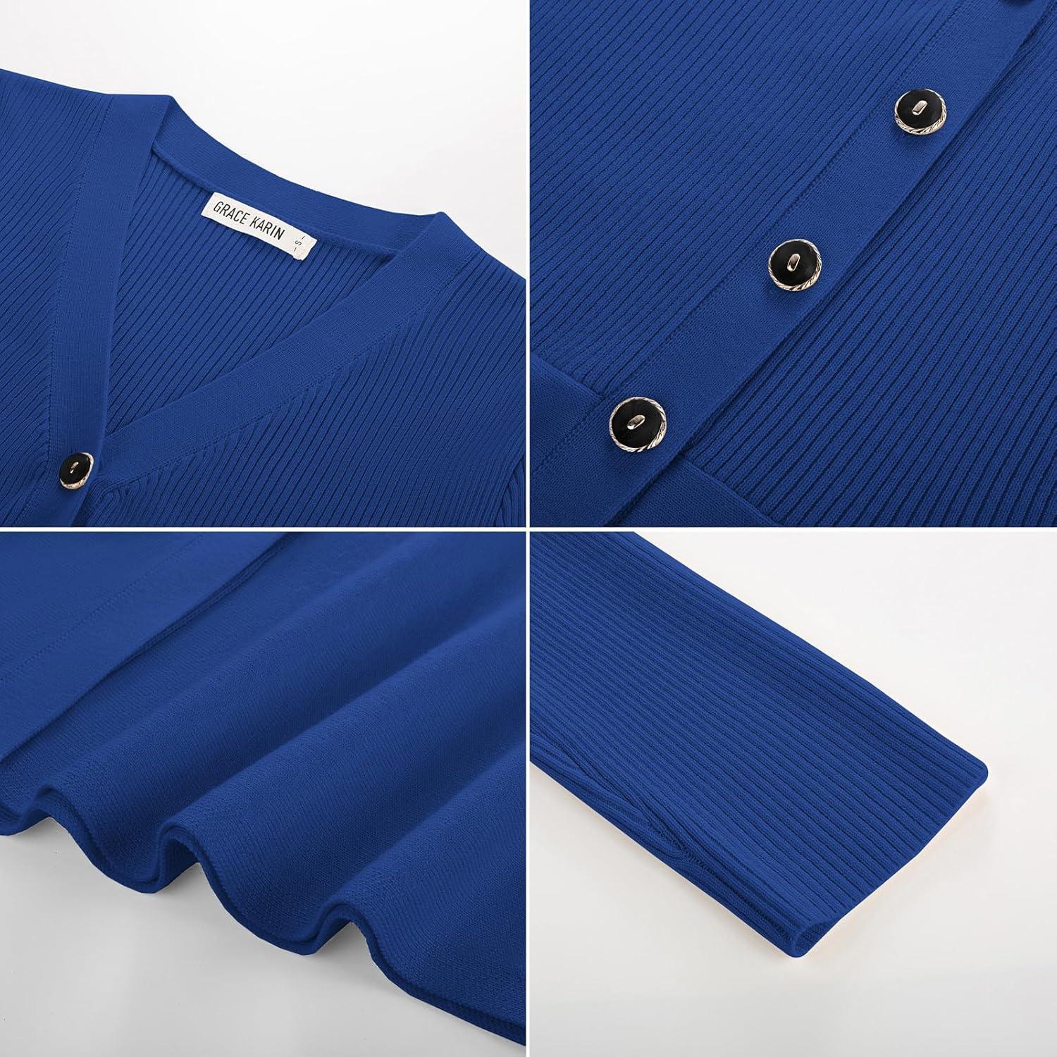 imageGRACE KARIN Long Sleeve Cardigan Sweaters for Women Button Up Knit Blazer Lightweight Business Casual Peplum TopsRoyal Blue