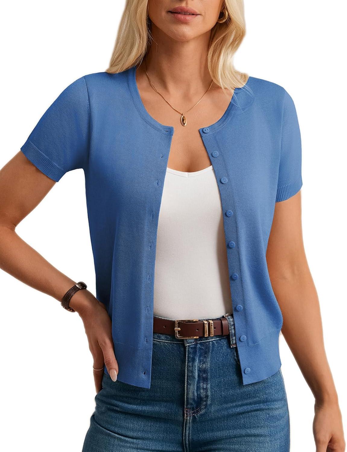 imageGRACE KARIN Short Sleeve Cardigan Summer Button up Sweaters for Women Lightweight Crew Neck Casual OutfitsBlue