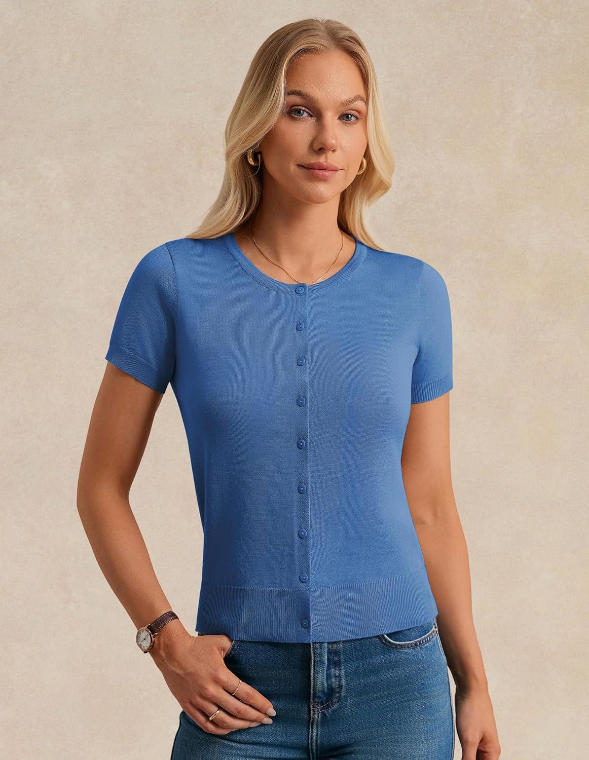 imageGRACE KARIN Short Sleeve Cardigan Summer Button up Sweaters for Women Lightweight Crew Neck Casual OutfitsBlue