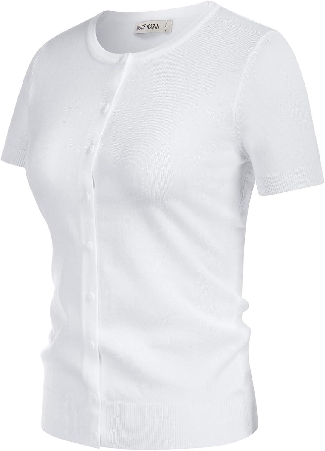 imageGRACE KARIN Short Sleeve Cardigan Summer Button up Sweaters for Women Lightweight Crew Neck Casual OutfitsBright White