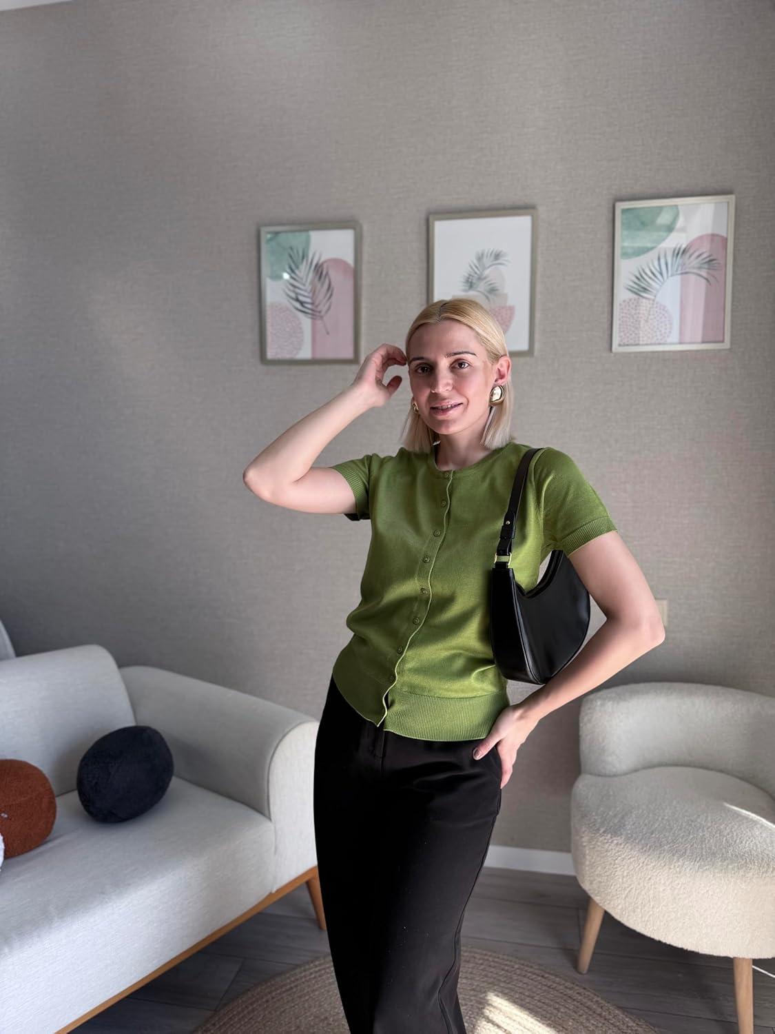 imageGRACE KARIN Short Sleeve Cardigan Summer Button up Sweaters for Women Lightweight Crew Neck Casual OutfitsForest Green