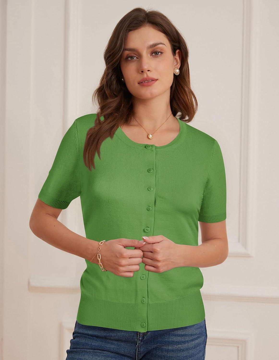 imageGRACE KARIN Short Sleeve Cardigan Summer Button up Sweaters for Women Lightweight Crew Neck Casual OutfitsForest Green