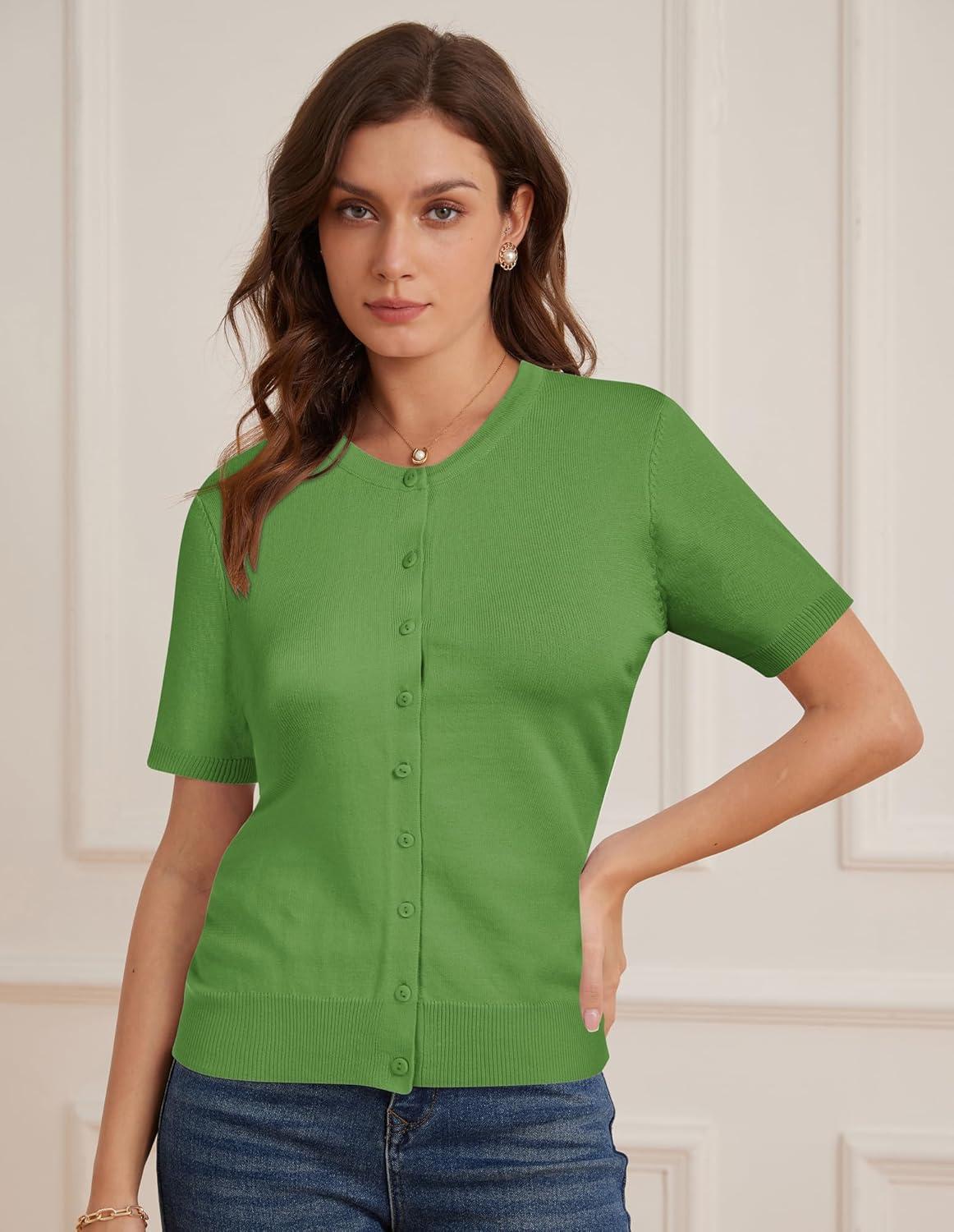 imageGRACE KARIN Short Sleeve Cardigan Summer Button up Sweaters for Women Lightweight Crew Neck Casual OutfitsForest Green