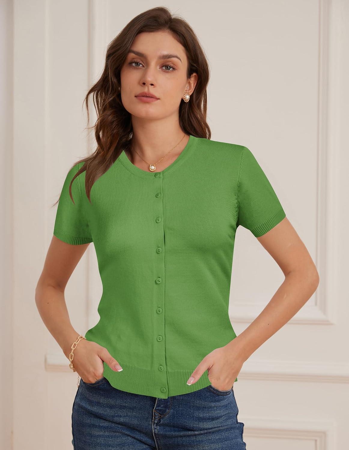 imageGRACE KARIN Short Sleeve Cardigan Summer Button up Sweaters for Women Lightweight Crew Neck Casual OutfitsForest Green