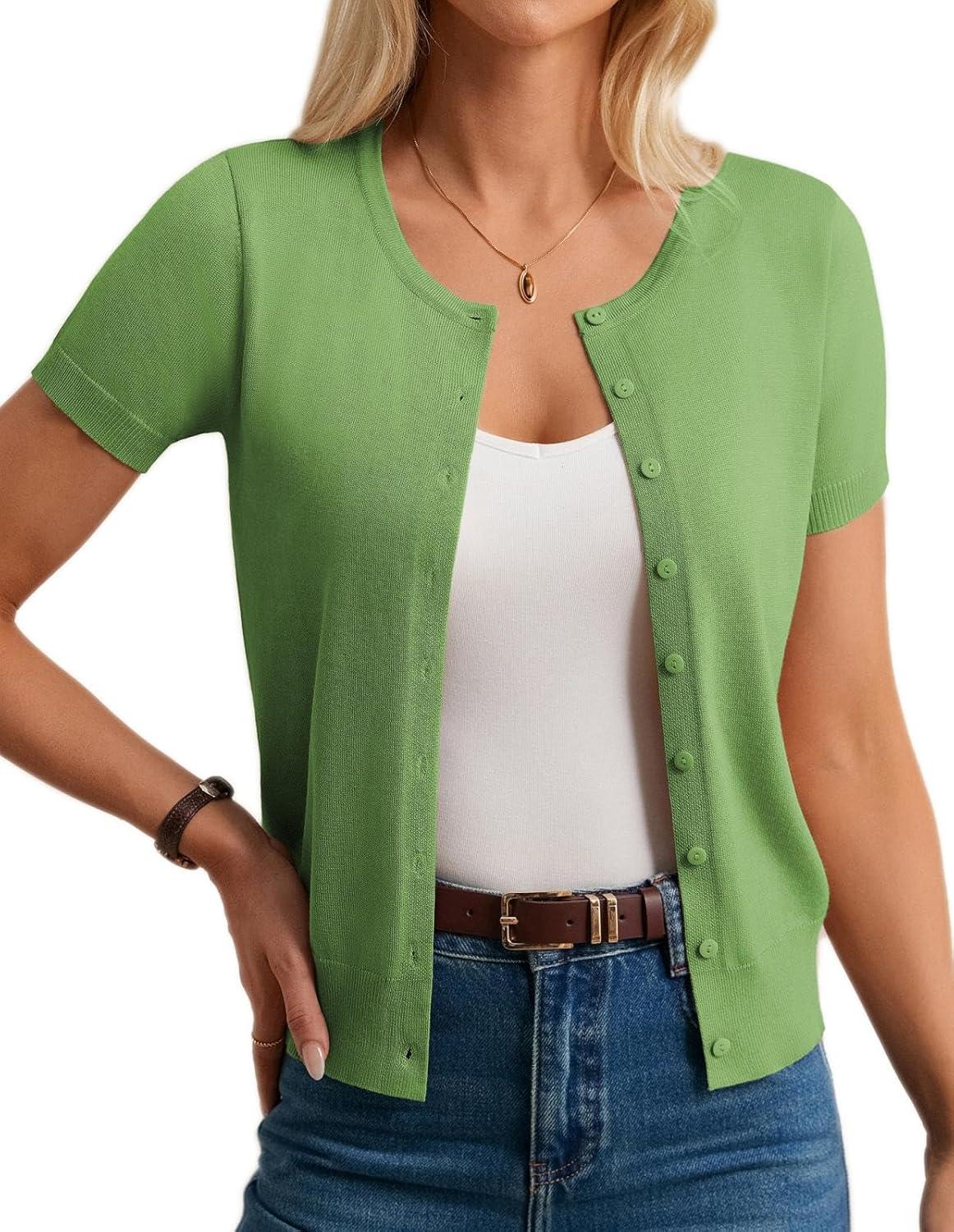 imageGRACE KARIN Short Sleeve Cardigan Summer Button up Sweaters for Women Lightweight Crew Neck Casual OutfitsForest Green