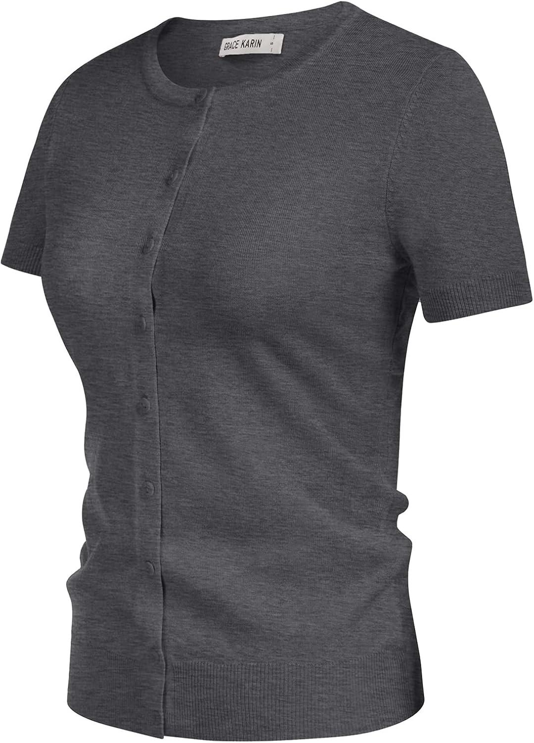 imageGRACE KARIN Short Sleeve Cardigan Summer Button up Sweaters for Women Lightweight Crew Neck Casual OutfitsGray Heather