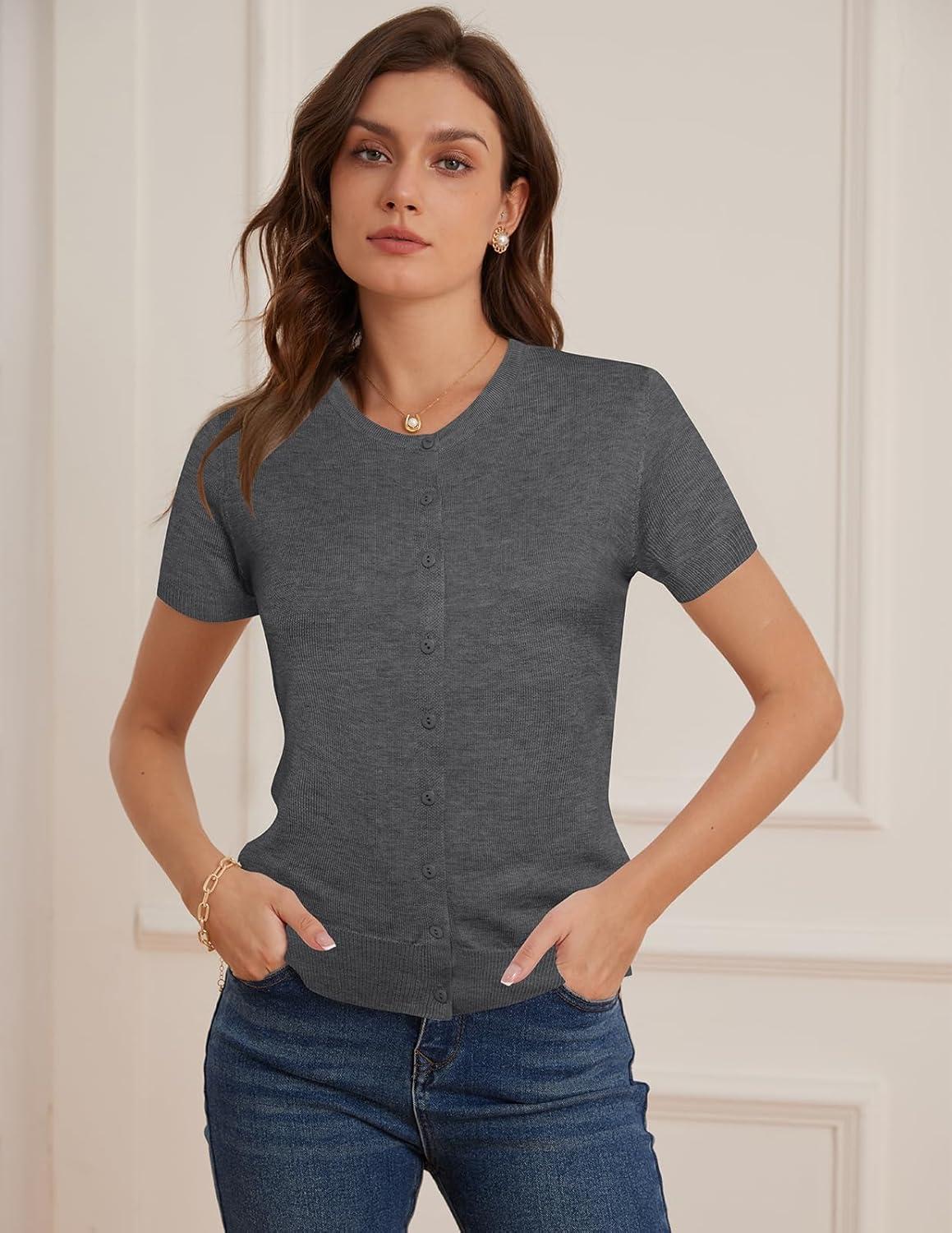 imageGRACE KARIN Short Sleeve Cardigan Summer Button up Sweaters for Women Lightweight Crew Neck Casual OutfitsGray Heather