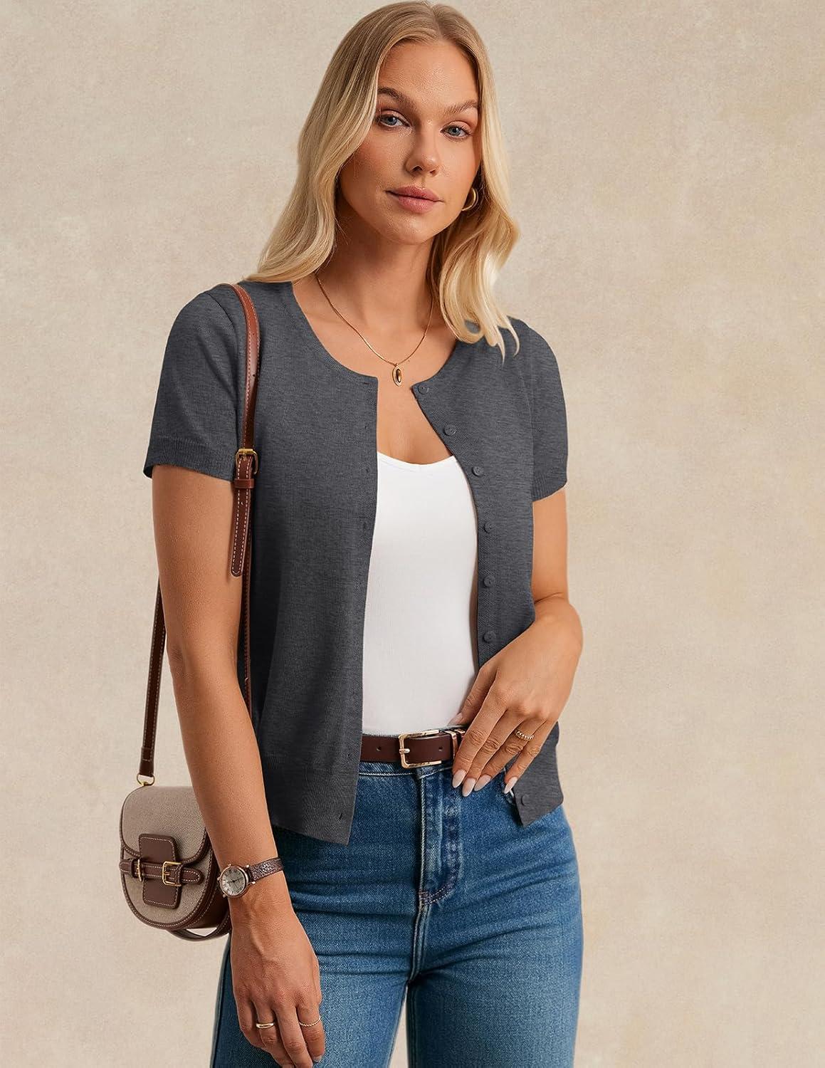 imageGRACE KARIN Short Sleeve Cardigan Summer Button up Sweaters for Women Lightweight Crew Neck Casual OutfitsGray Heather