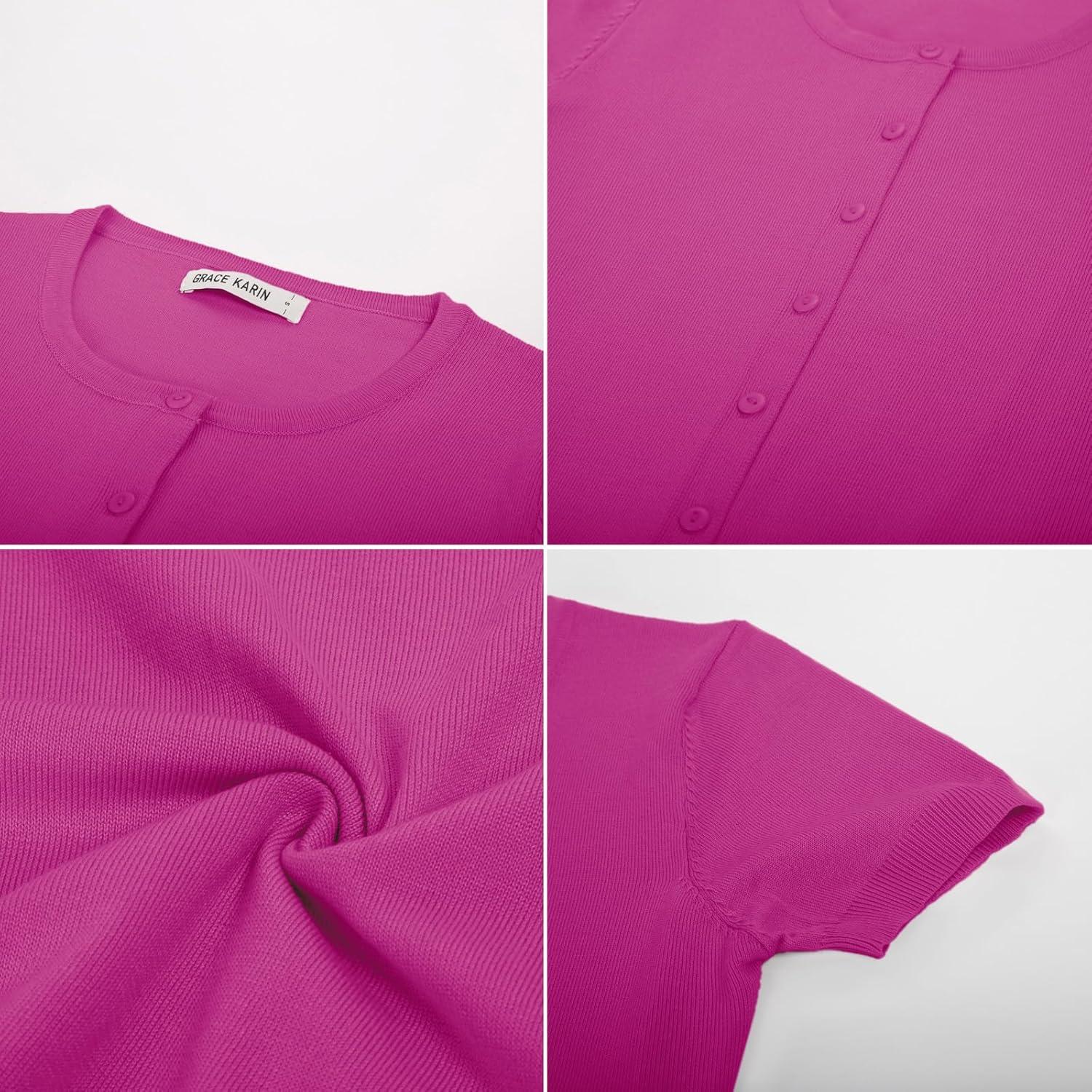 imageGRACE KARIN Short Sleeve Cardigan Summer Button up Sweaters for Women Lightweight Crew Neck Casual OutfitsHot Pink