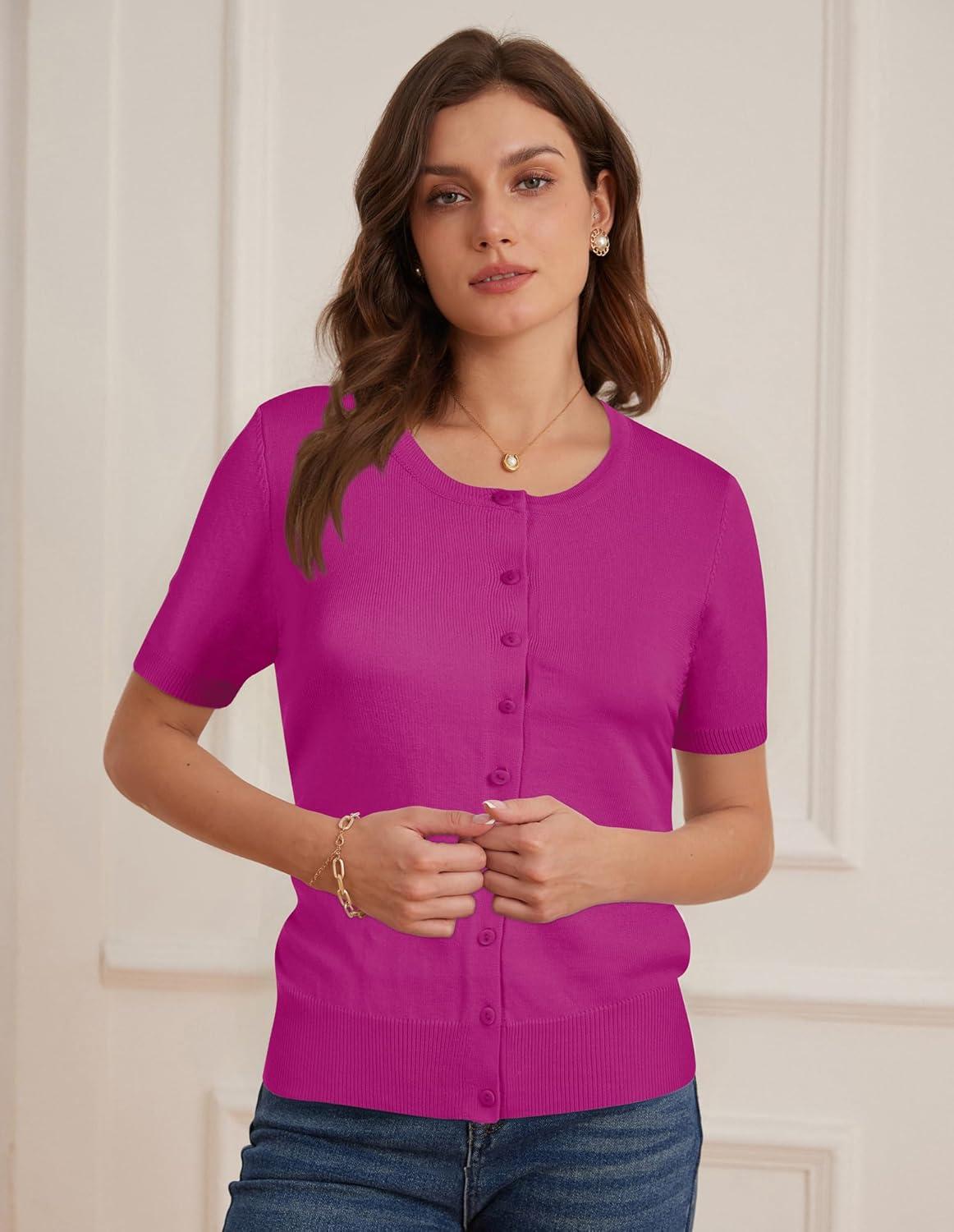 imageGRACE KARIN Short Sleeve Cardigan Summer Button up Sweaters for Women Lightweight Crew Neck Casual OutfitsHot Pink
