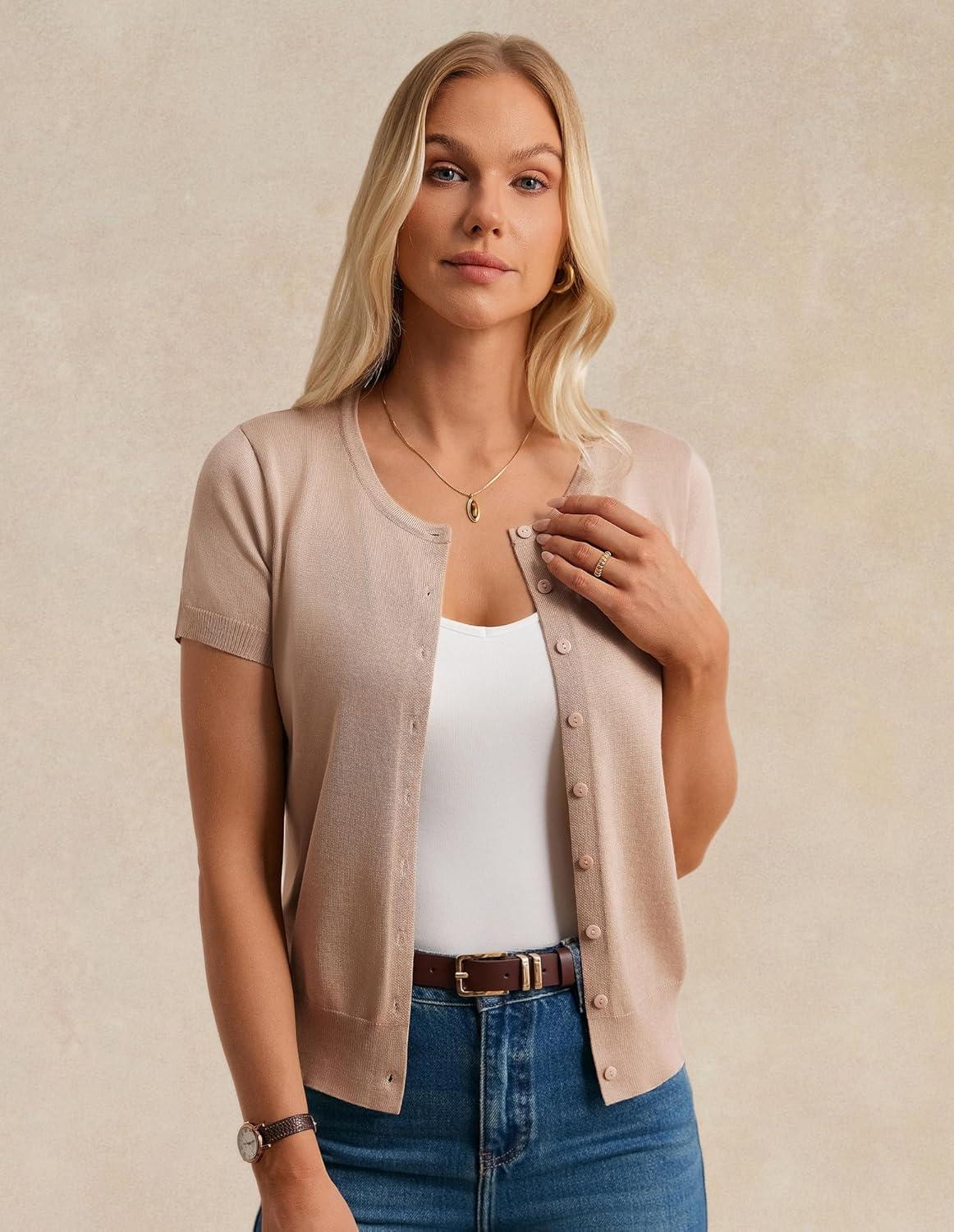 imageGRACE KARIN Short Sleeve Cardigan Summer Button up Sweaters for Women Lightweight Crew Neck Casual OutfitsKhaki