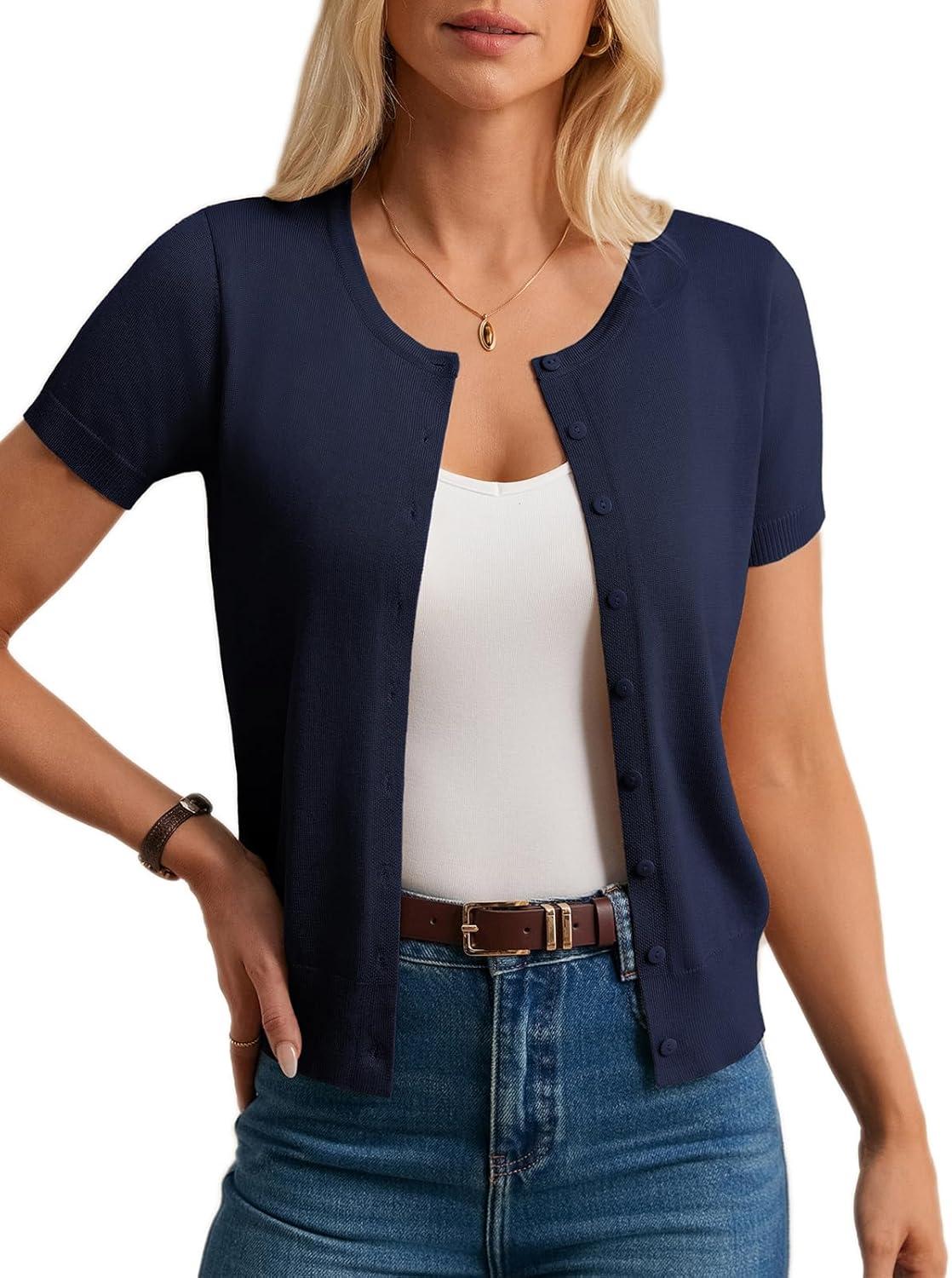imageGRACE KARIN Short Sleeve Cardigan Summer Button up Sweaters for Women Lightweight Crew Neck Casual OutfitsNavy
