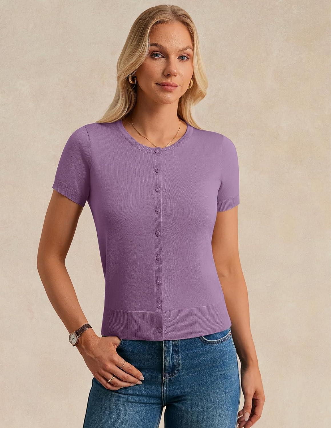 imageGRACE KARIN Short Sleeve Cardigan Summer Button up Sweaters for Women Lightweight Crew Neck Casual OutfitsPurple