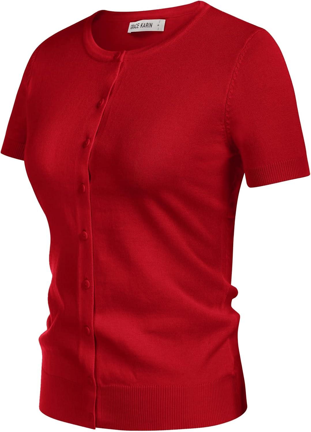 imageGRACE KARIN Short Sleeve Cardigan Summer Button up Sweaters for Women Lightweight Crew Neck Casual OutfitsRed