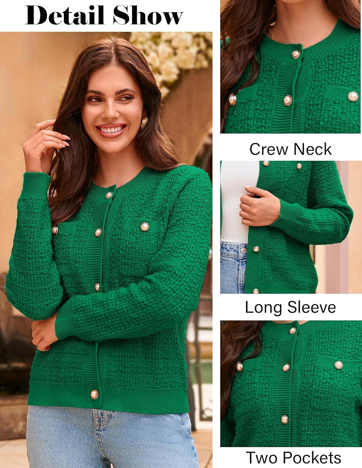 imageGRACE KARIN Womens Open Front Button Down Long Sleeve Texture Knit Cardigan Sweaters with PocketsGreen