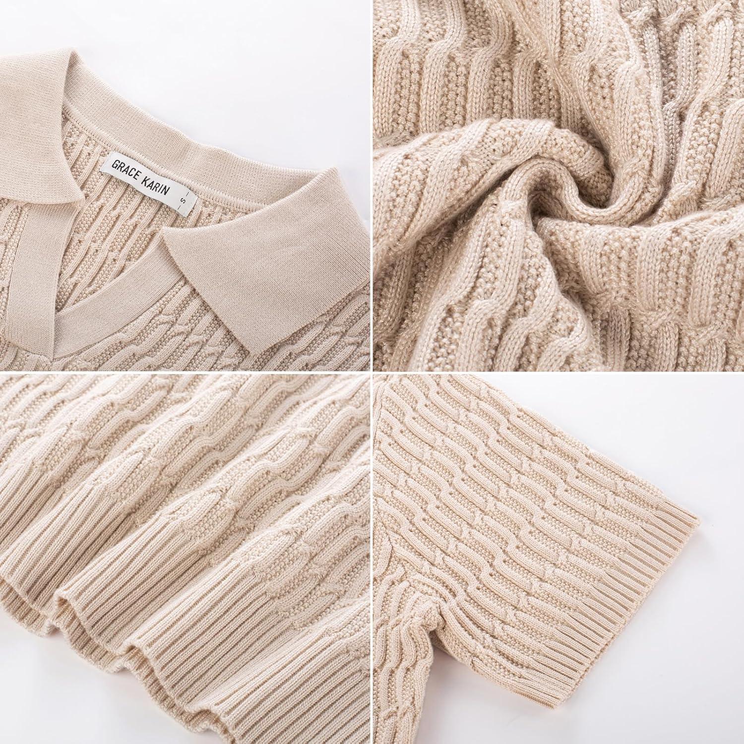imageGRACE KARIN Womens Short Sleeve Polo Sweater V Neck Casual Sweaters Tops 2026 Summer Lightweight Knit Pullover ShirtBeige