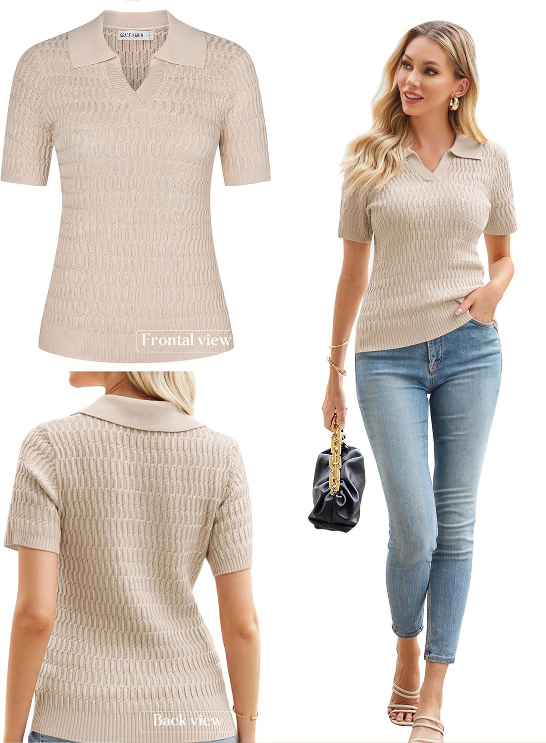 imageGRACE KARIN Womens Short Sleeve Polo Sweater V Neck Casual Sweaters Tops 2026 Summer Lightweight Knit Pullover ShirtBeige