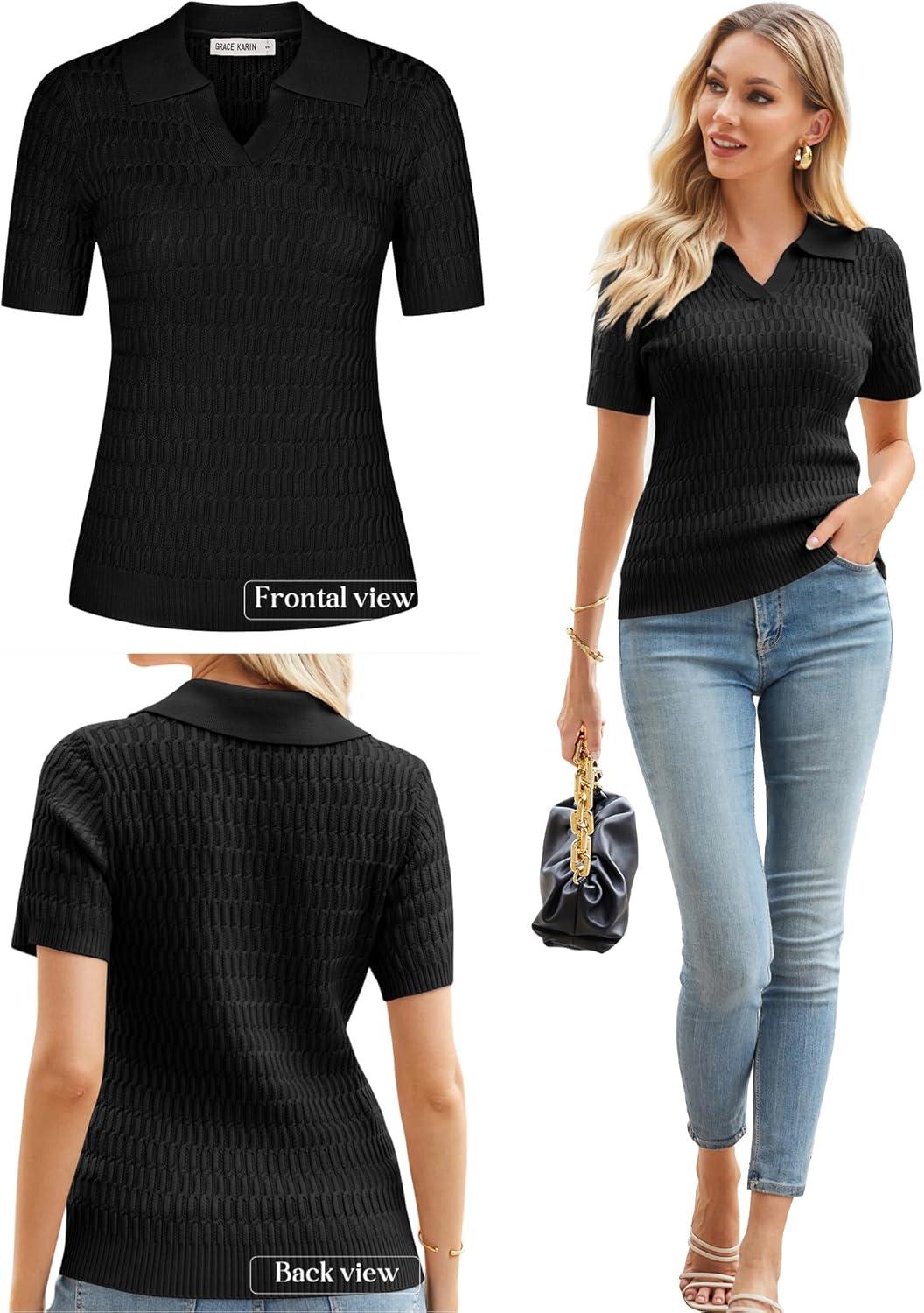 imageGRACE KARIN Womens Short Sleeve Polo Sweater V Neck Casual Sweaters Tops 2026 Summer Lightweight Knit Pullover ShirtBlack