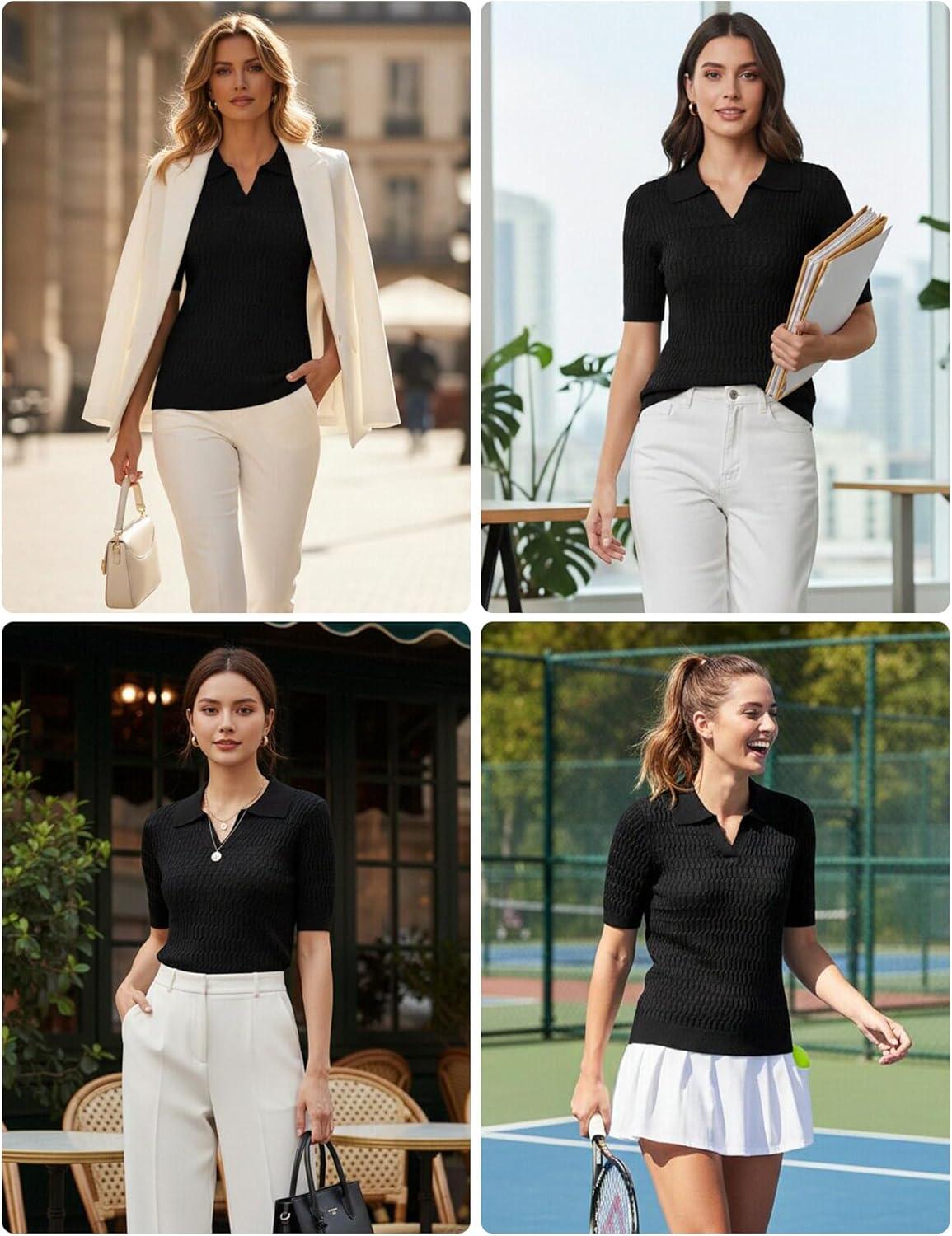 imageGRACE KARIN Womens Short Sleeve Polo Sweater V Neck Casual Sweaters Tops 2026 Summer Lightweight Knit Pullover ShirtBlack