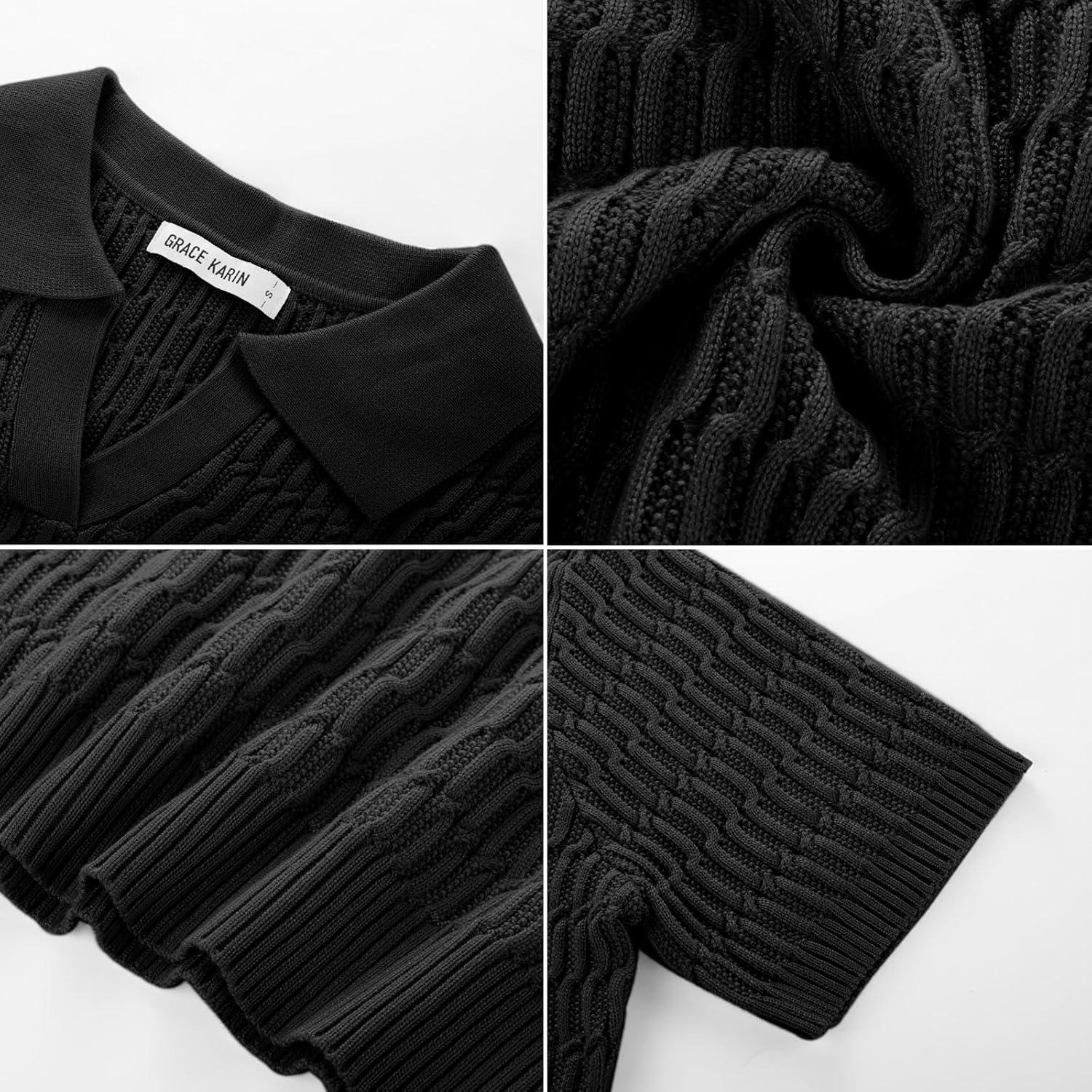 imageGRACE KARIN Womens Short Sleeve Polo Sweater V Neck Casual Sweaters Tops 2026 Summer Lightweight Knit Pullover ShirtBlack