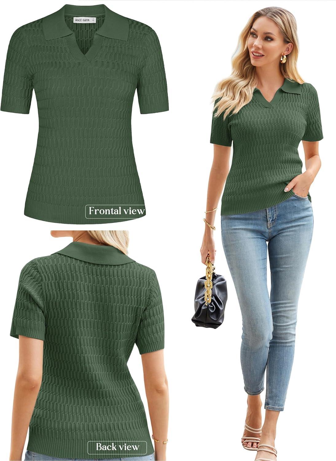 imageGRACE KARIN Womens Short Sleeve Polo Sweater V Neck Casual Sweaters Tops 2026 Summer Lightweight Knit Pullover ShirtGreen