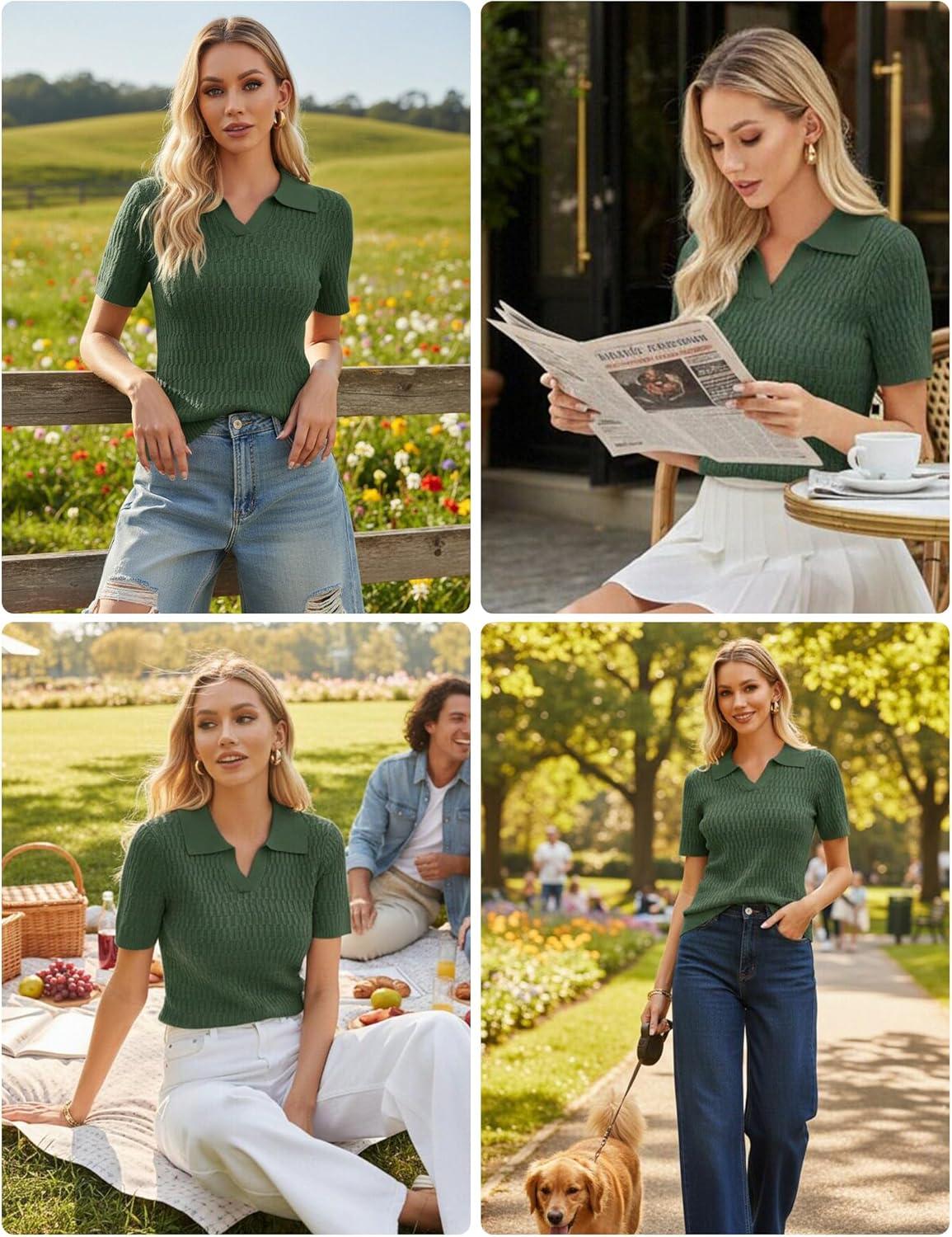 imageGRACE KARIN Womens Short Sleeve Polo Sweater V Neck Casual Sweaters Tops 2026 Summer Lightweight Knit Pullover ShirtGreen