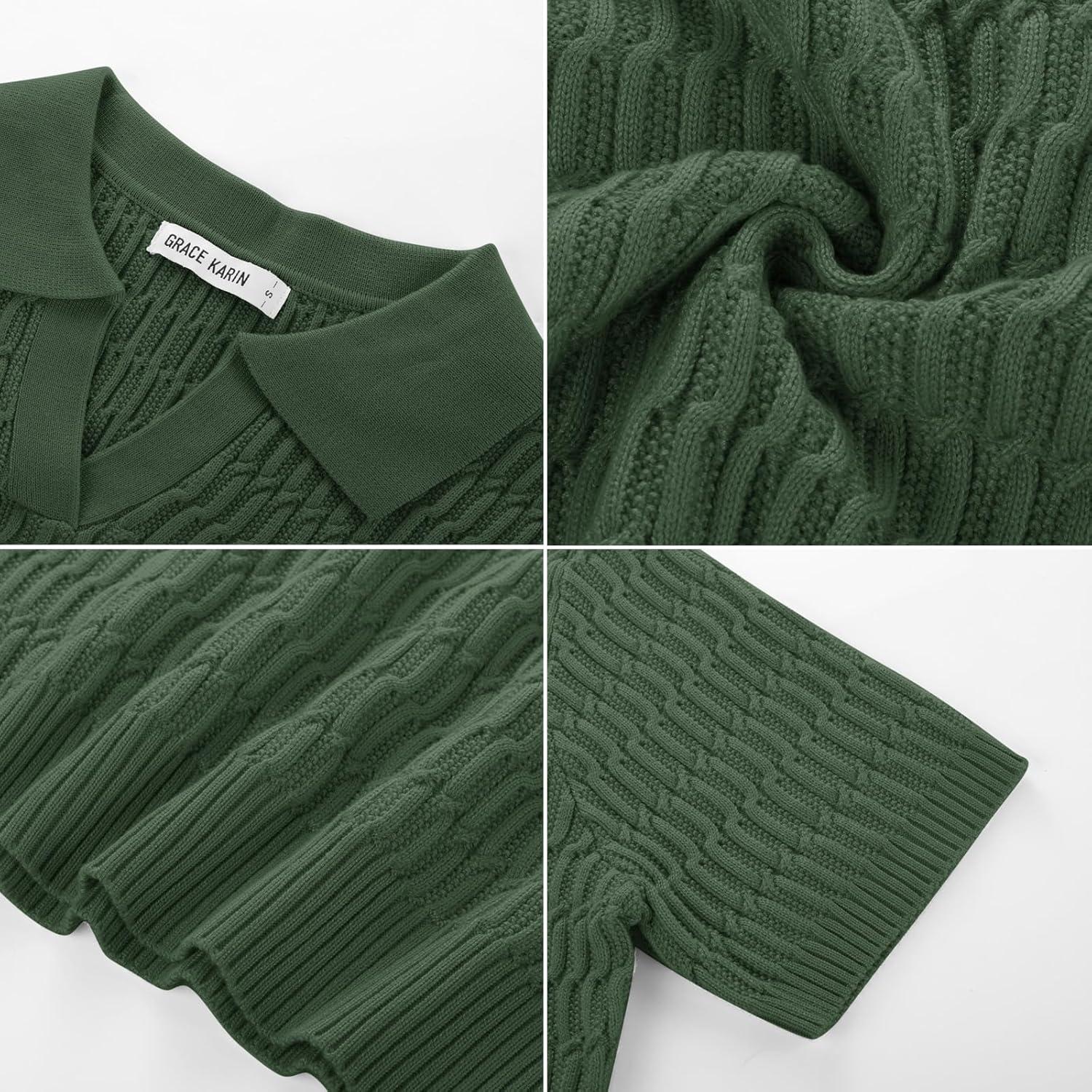 imageGRACE KARIN Womens Short Sleeve Polo Sweater V Neck Casual Sweaters Tops 2026 Summer Lightweight Knit Pullover ShirtGreen