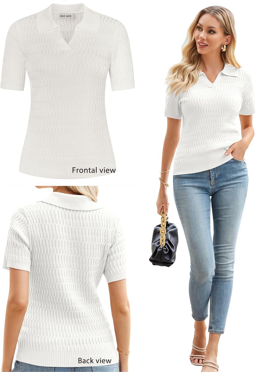 imageGRACE KARIN Womens Short Sleeve Polo Sweater V Neck Casual Sweaters Tops 2026 Summer Lightweight Knit Pullover ShirtIvory White