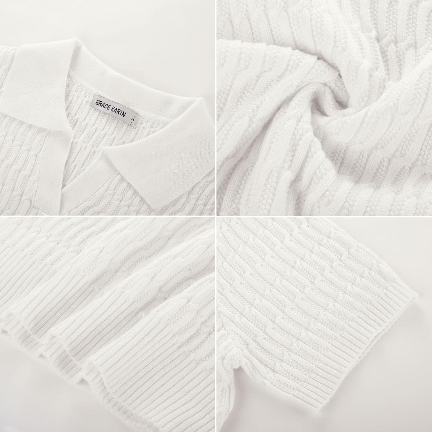 imageGRACE KARIN Womens Short Sleeve Polo Sweater V Neck Casual Sweaters Tops 2026 Summer Lightweight Knit Pullover ShirtIvory White