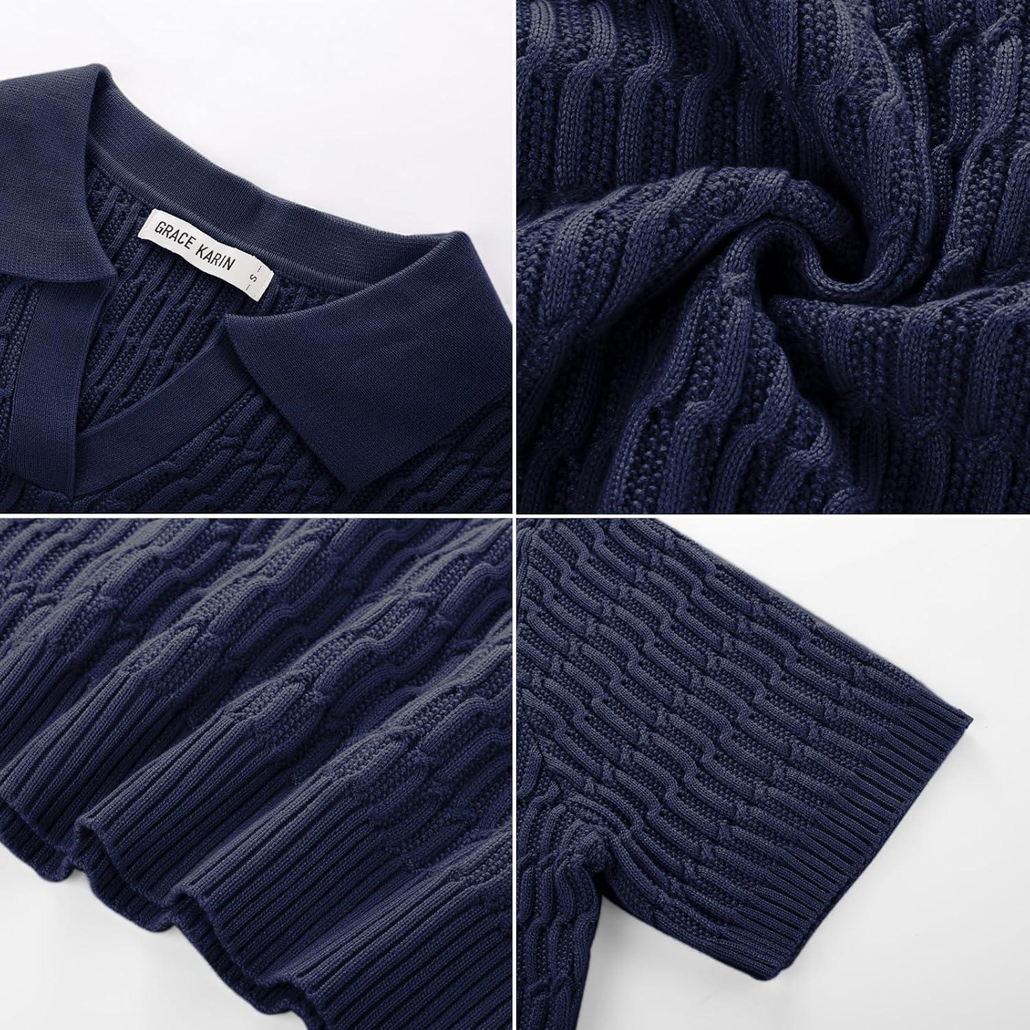 imageGRACE KARIN Womens Short Sleeve Polo Sweater V Neck Casual Sweaters Tops 2026 Summer Lightweight Knit Pullover ShirtNavy Blue